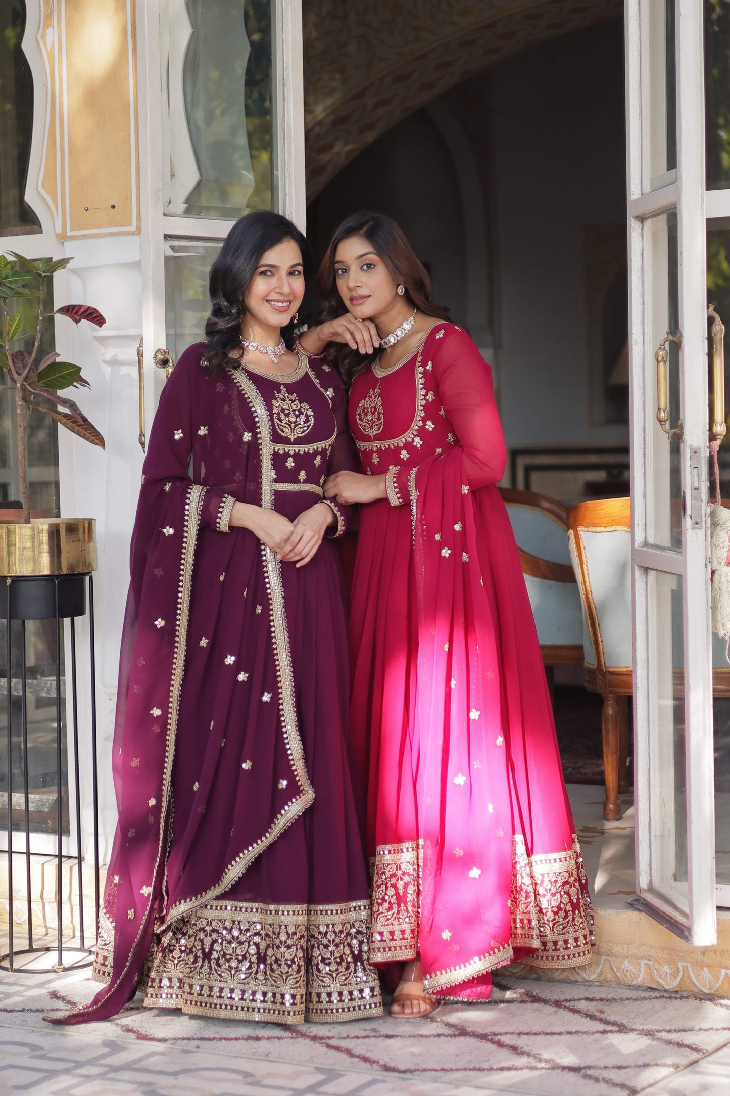 Jyoti Fashion Women's Wine & Pink Faux Georgette Rich Sequins Embroidered Combo Anarkali Set with Dupatta | Swadesiicart