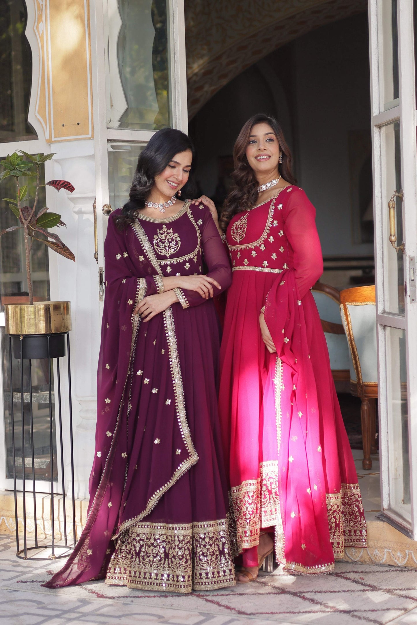 Jyoti Fashion Women's Wine & Pink Faux Georgette Rich Sequins Embroidered Combo Anarkali Set with Dupatta | Swadesiicart