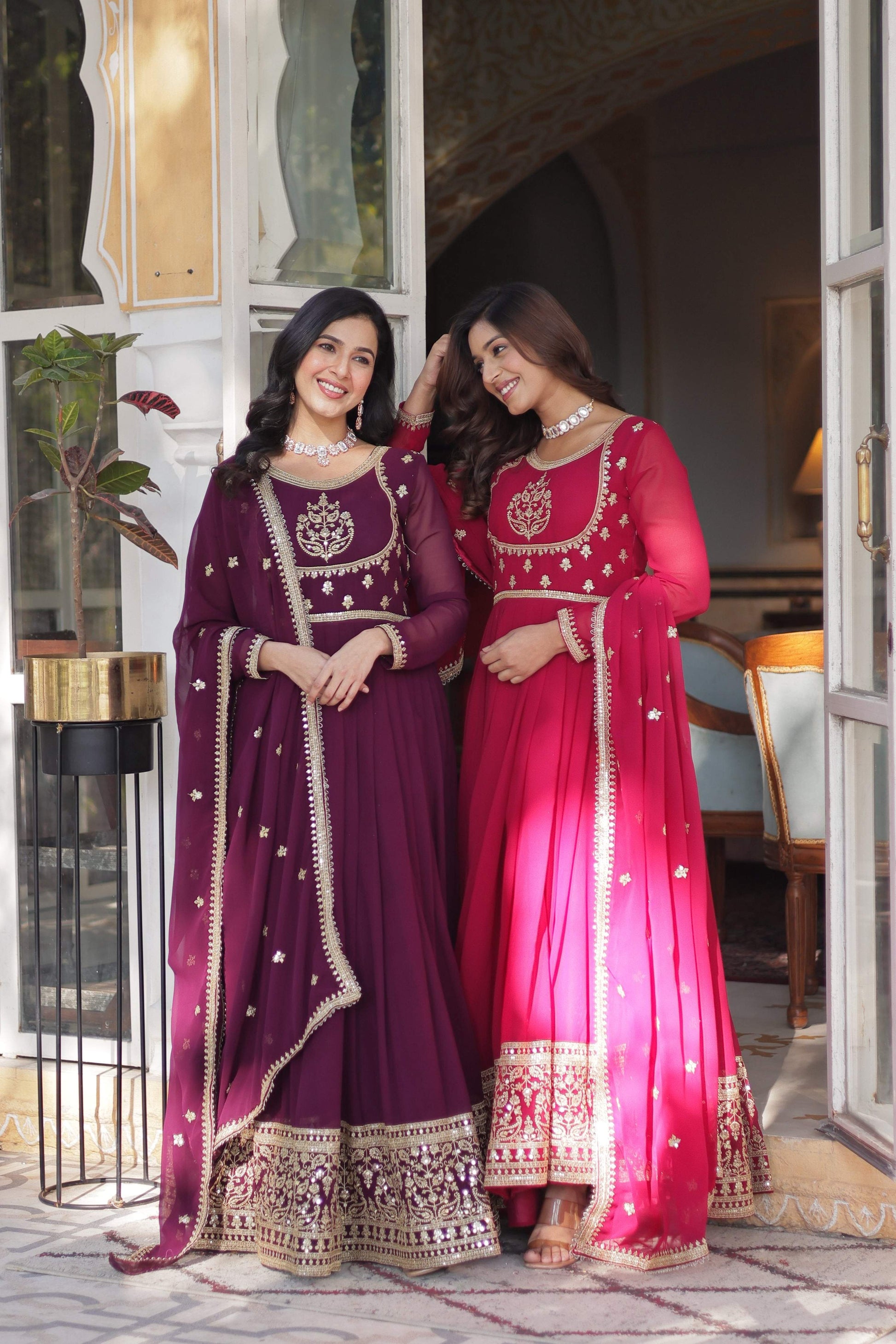 Jyoti Fashion Women's Wine & Pink Faux Georgette Rich Sequins Embroidered Combo Anarkali Set with Dupatta | Swadesiicart