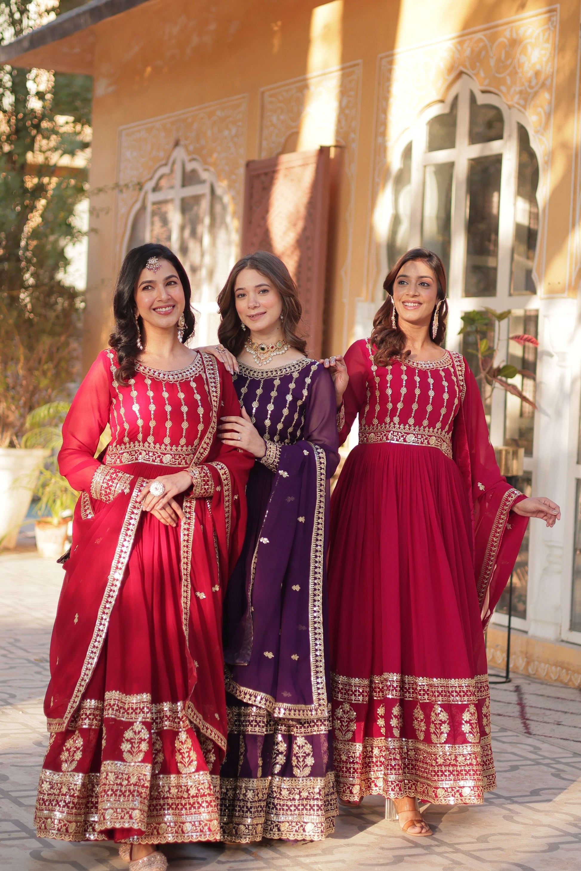 Jyoti Fashion Women's Maroon, Purple & Pink Faux Blooming Sequins Zari Embroidered Anarkali Set with Dupatta | Swadesiicart