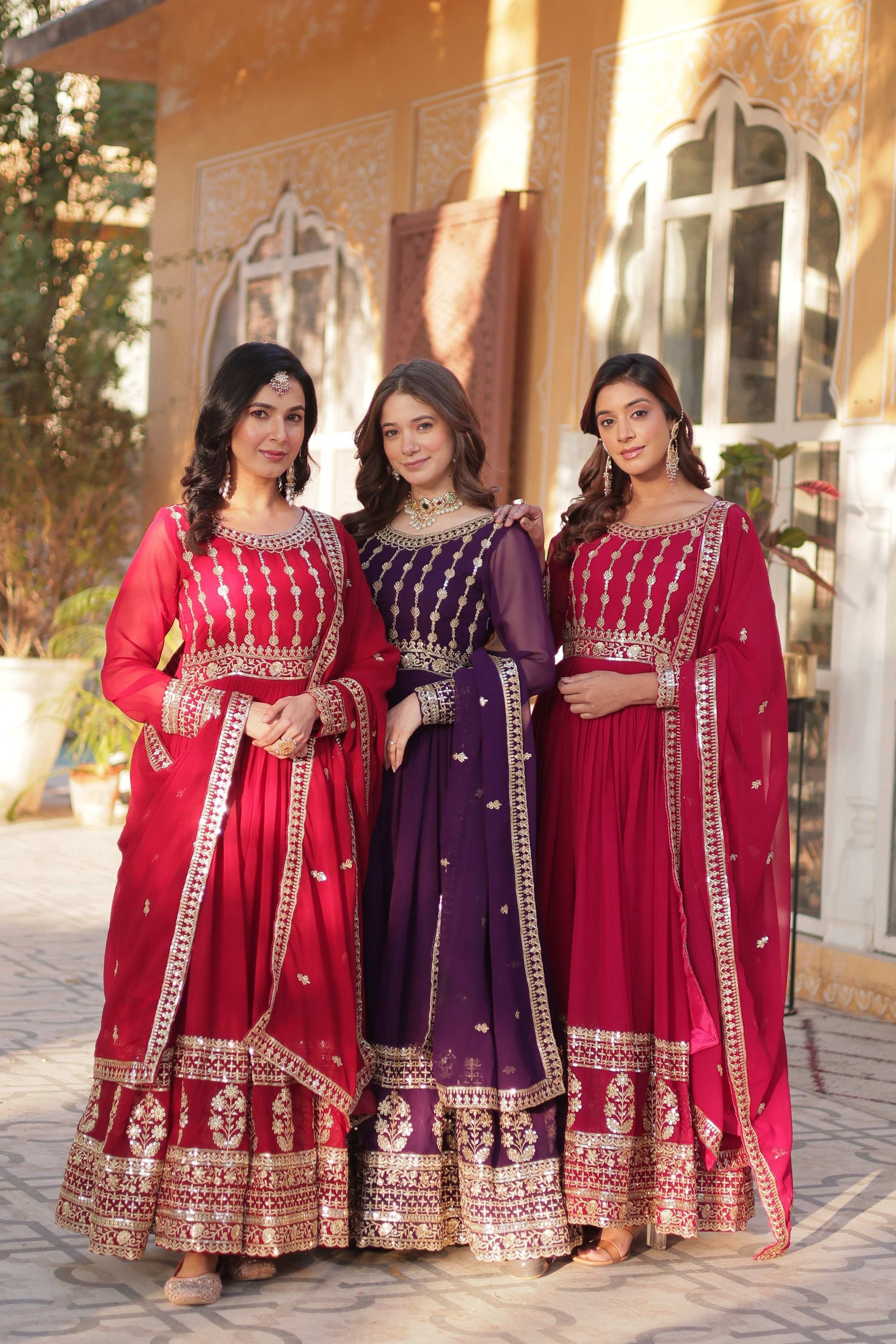Jyoti Fashion Women's Maroon, Purple & Pink Faux Blooming Sequins Zari Embroidered Anarkali Set with Dupatta | Swadesiicart