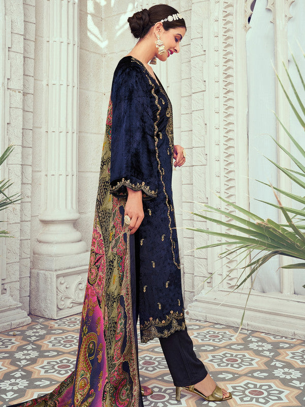 Jyoti Fashion Women's Navy Blue Velvet Cording with Digital Printed Kurta with Trouser & Dupatta | Swadesiicart