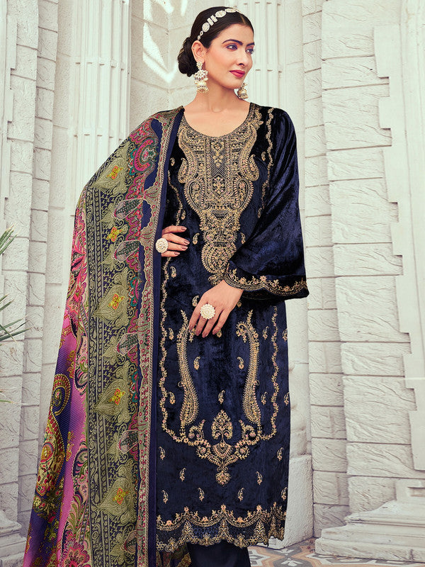 Jyoti Fashion Women's Navy Blue Velvet Cording with Digital Printed Kurta with Trouser & Dupatta | Swadesiicart