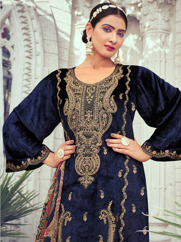 Jyoti Fashion Women's Navy Blue Velvet Cording with Digital Printed Kurta with Trouser & Dupatta | Swadesiicart