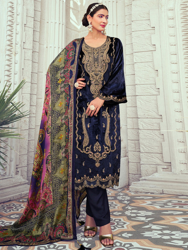 Jyoti Fashion Women's Navy Blue Velvet Cording with Digital Printed Kurta with Trouser & Dupatta | Swadesiicart