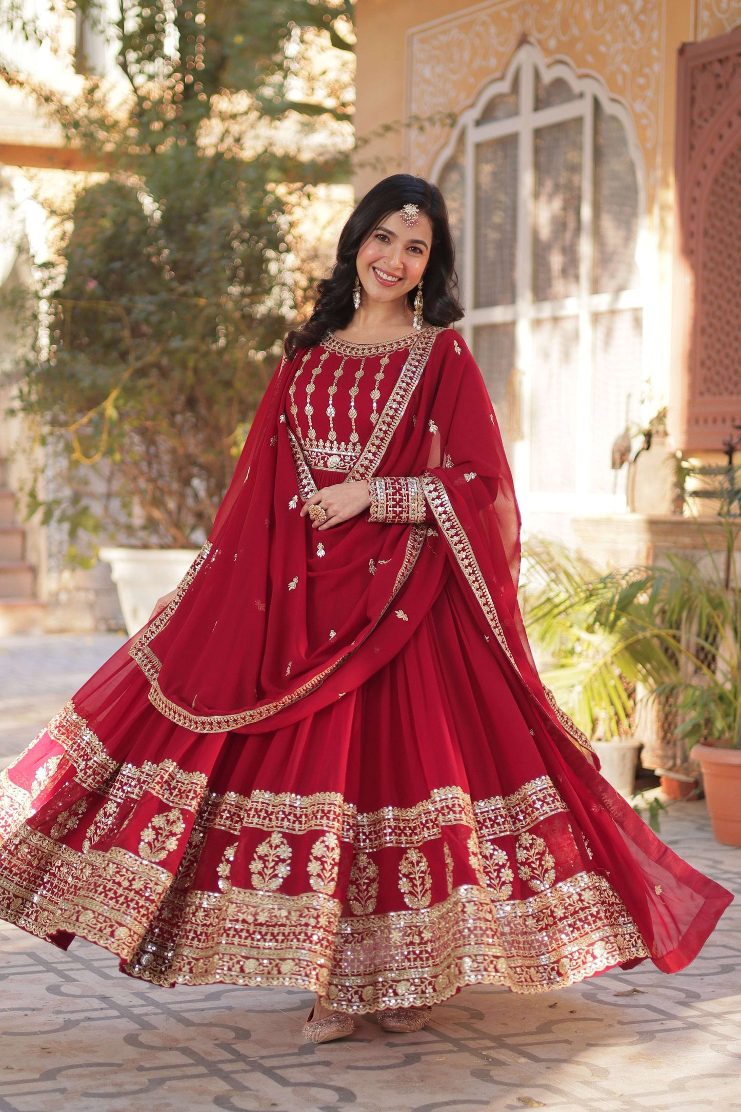 Jyoti Fashion Women's Maroon Faux Blooming Sequins Zari Embroidered Anarkali Set with Dupatta | Swadesiicart