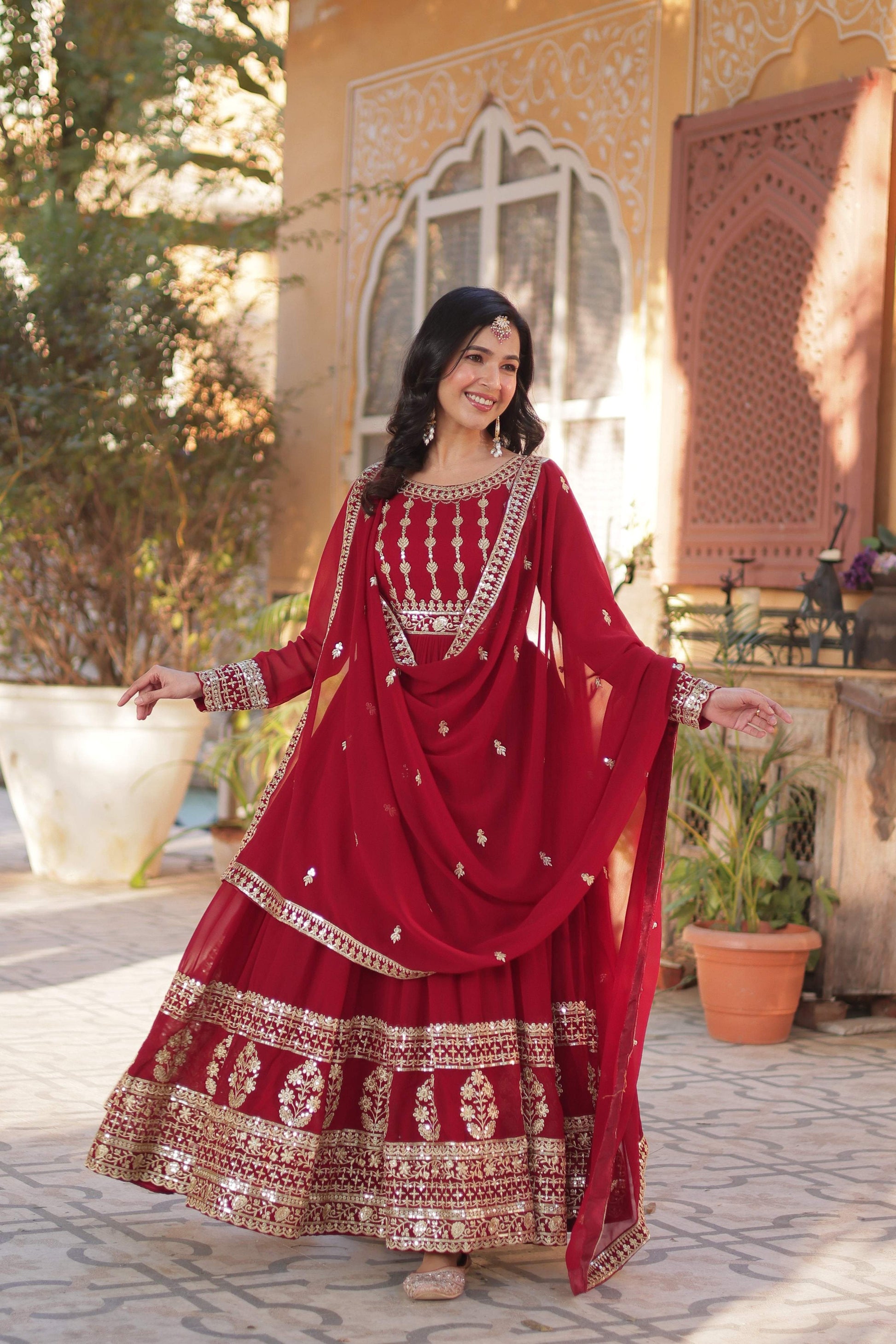 Jyoti Fashion Women's Maroon Faux Blooming Sequins Zari Embroidered Anarkali Set with Dupatta | Swadesiicart
