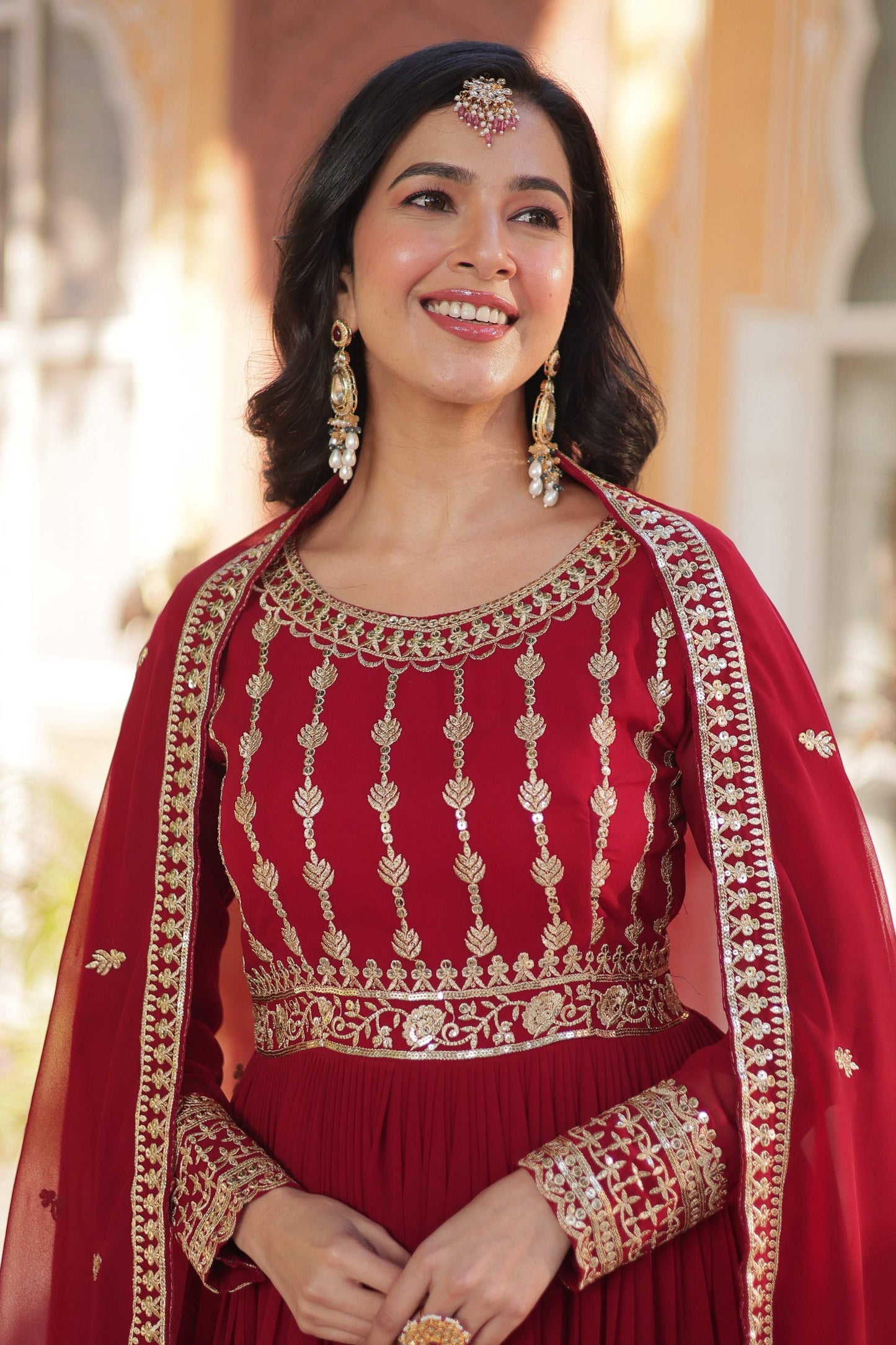 Jyoti Fashion Women's Maroon Faux Blooming Sequins Zari Embroidered Anarkali Set with Dupatta | Swadesiicart
