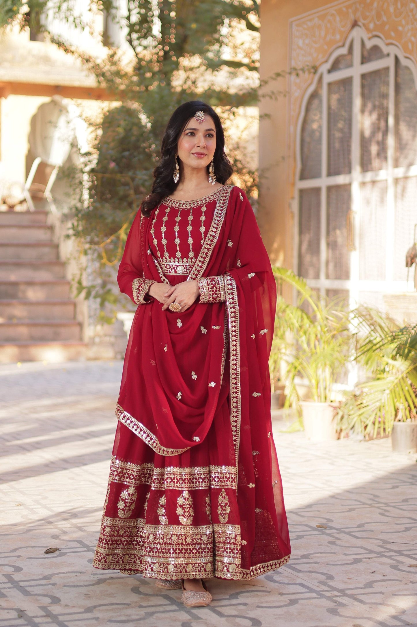 Jyoti Fashion Women's Maroon Faux Blooming Sequins Zari Embroidered Anarkali Set with Dupatta | Swadesiicart