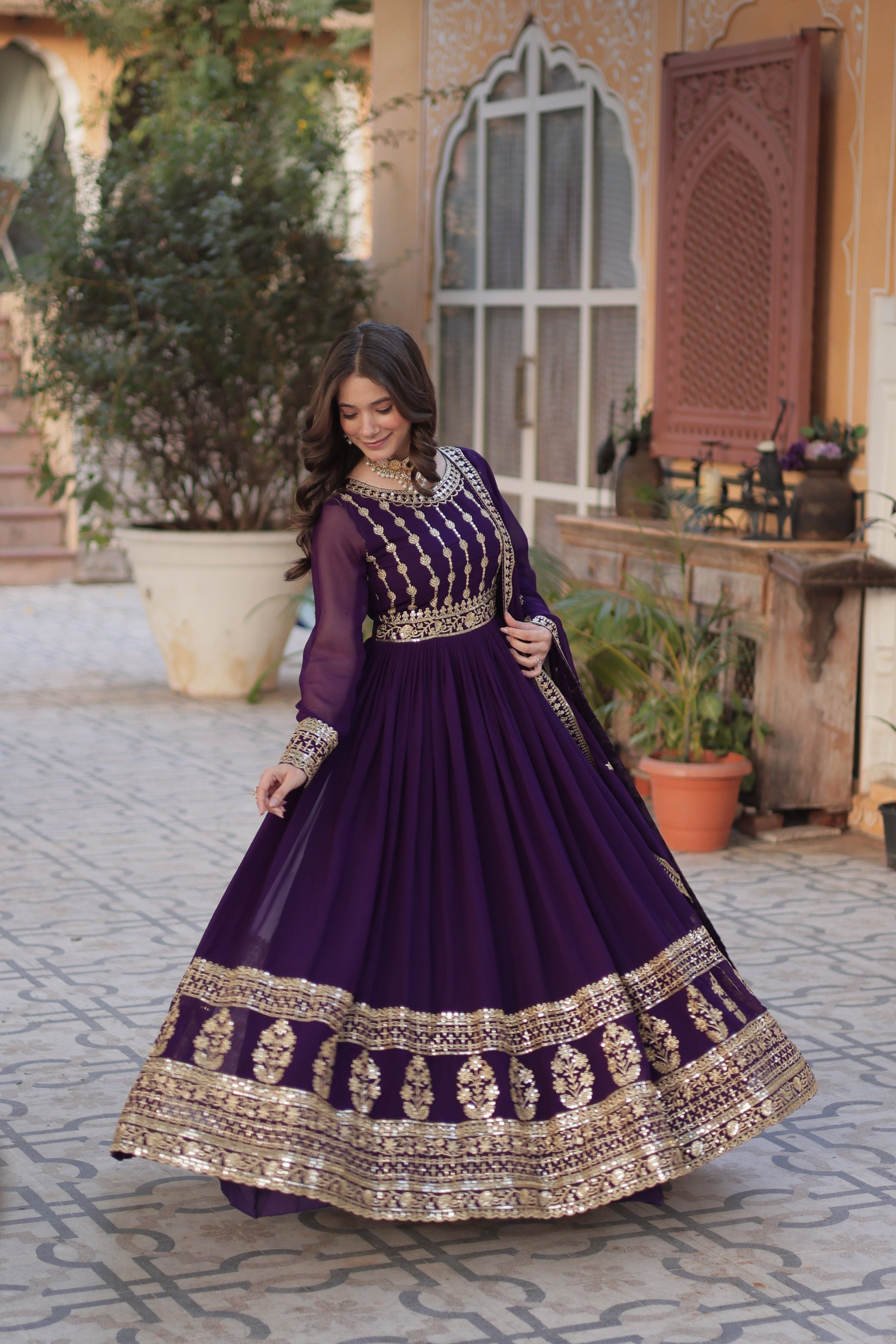 Jyoti Fashion Women's Purple Faux Blooming Sequins Zari Embroidered Anarkali Set with Dupatta | Swadesiicart