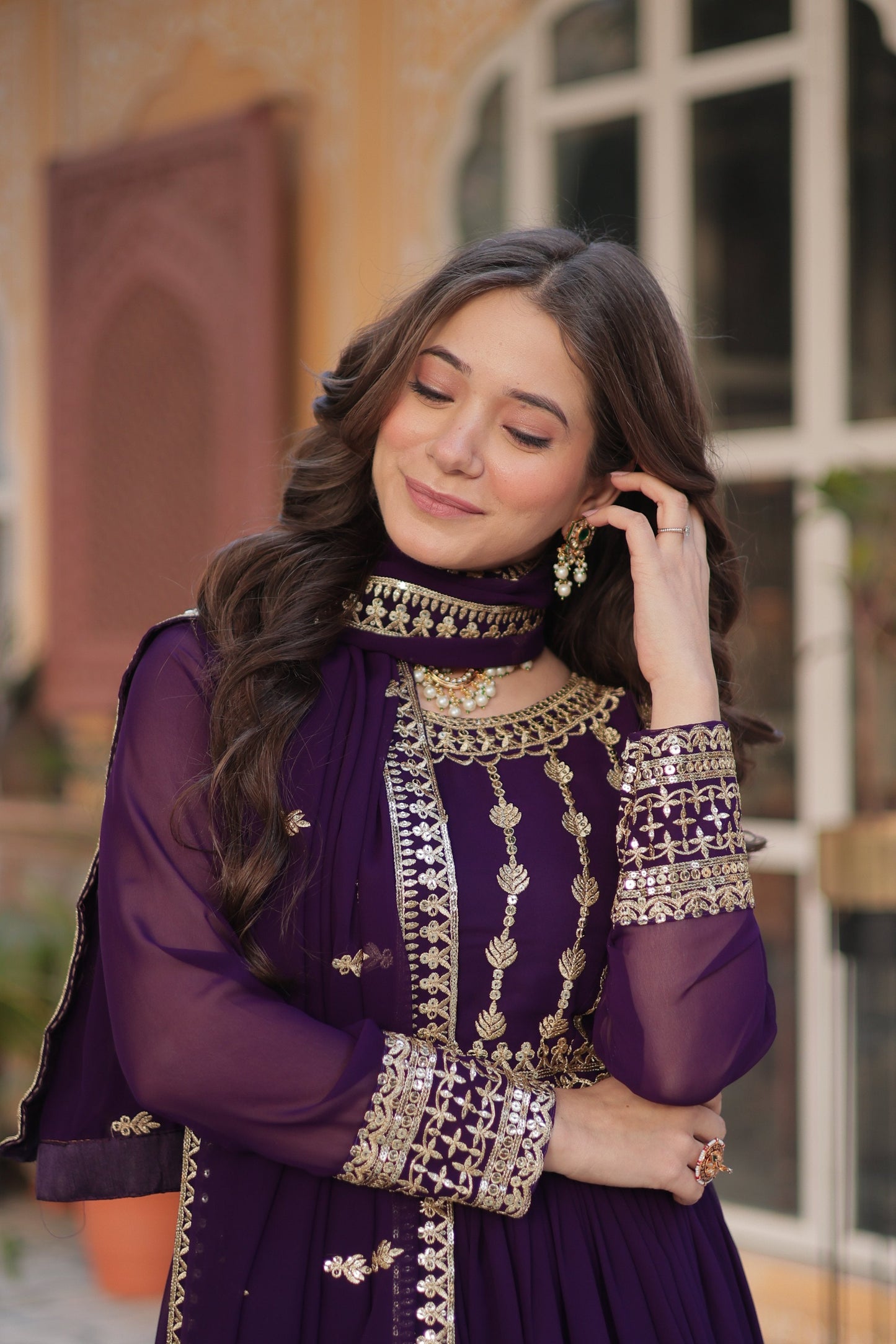 Jyoti Fashion Women's Purple Faux Blooming Sequins Zari Embroidered Anarkali Set with Dupatta | Swadesiicart