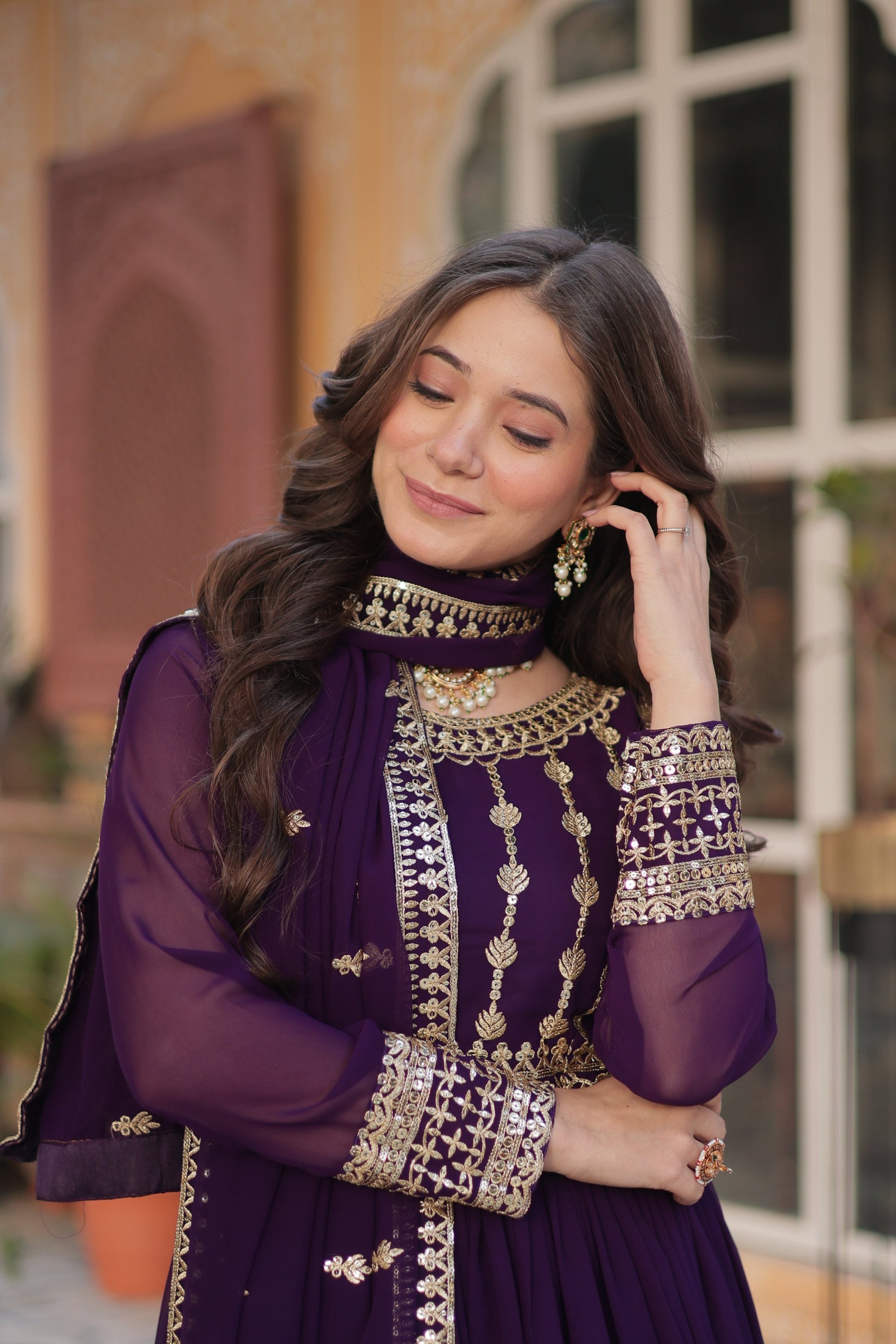 Jyoti Fashion Women's Purple Faux Blooming Sequins Zari Embroidered Anarkali Set with Dupatta | Swadesiicart