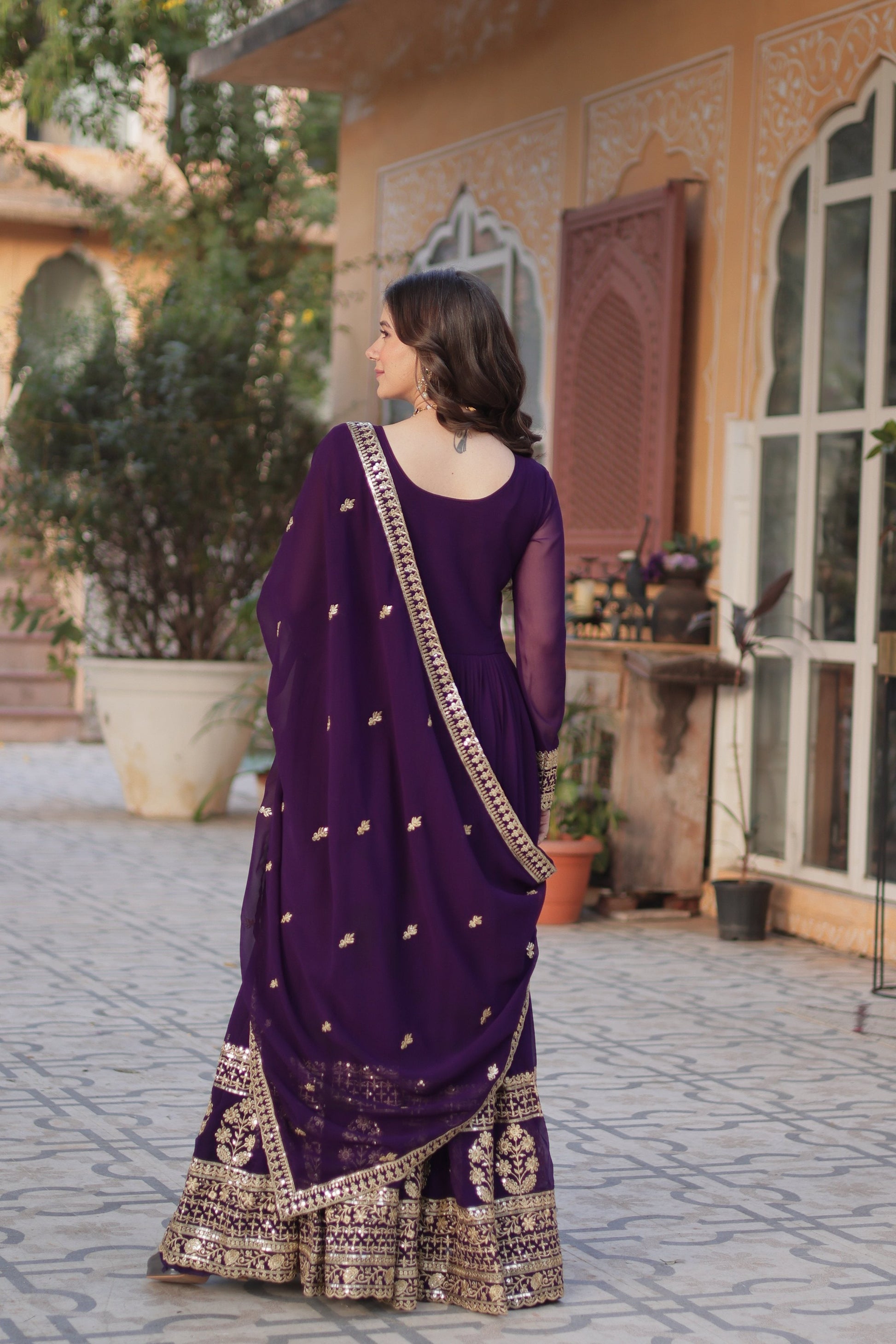 Jyoti Fashion Women's Purple Faux Blooming Sequins Zari Embroidered Anarkali Set with Dupatta | Swadesiicart