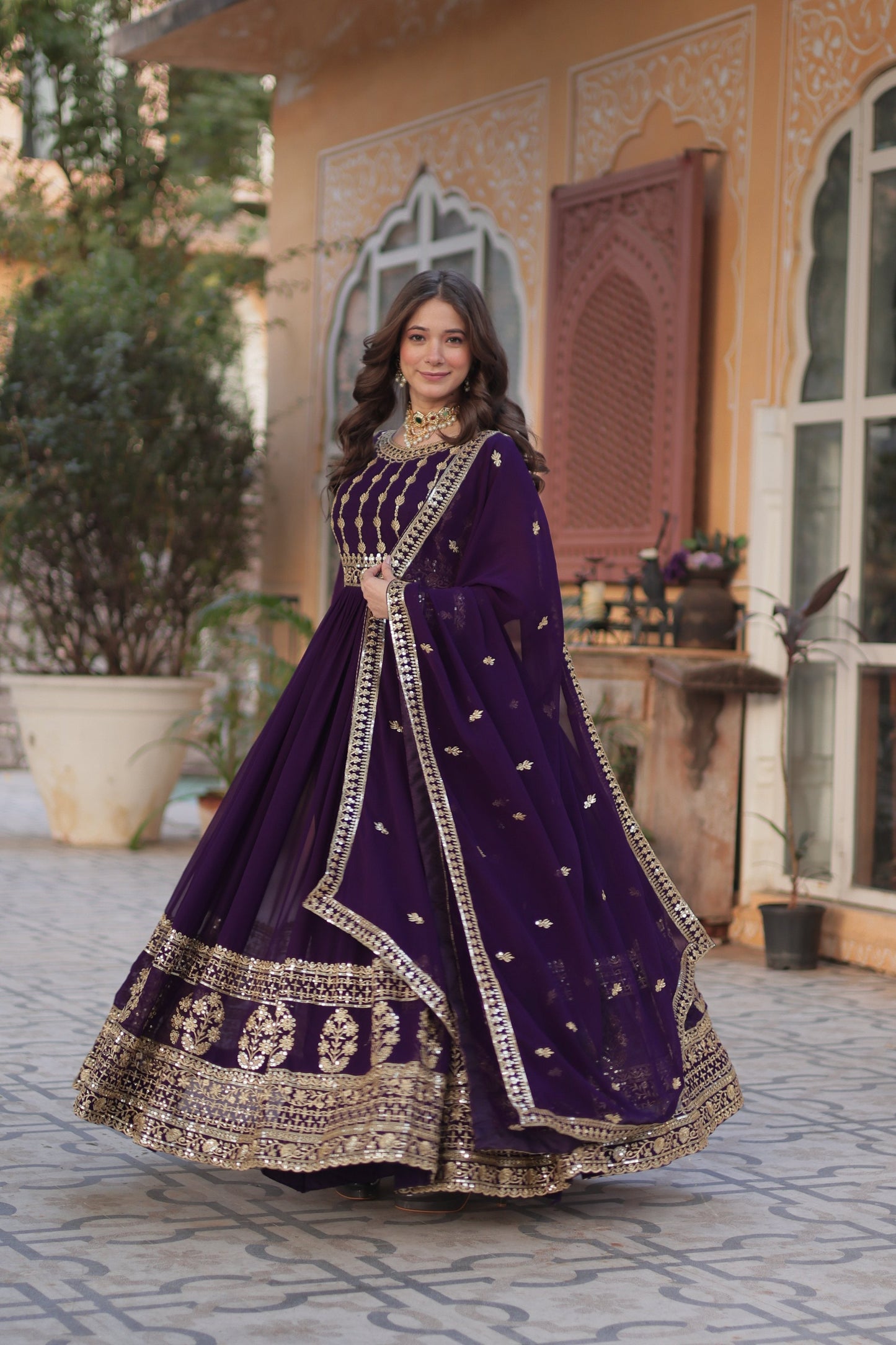 Jyoti Fashion Women's Purple Faux Blooming Sequins Zari Embroidered Anarkali Set with Dupatta | Swadesiicart
