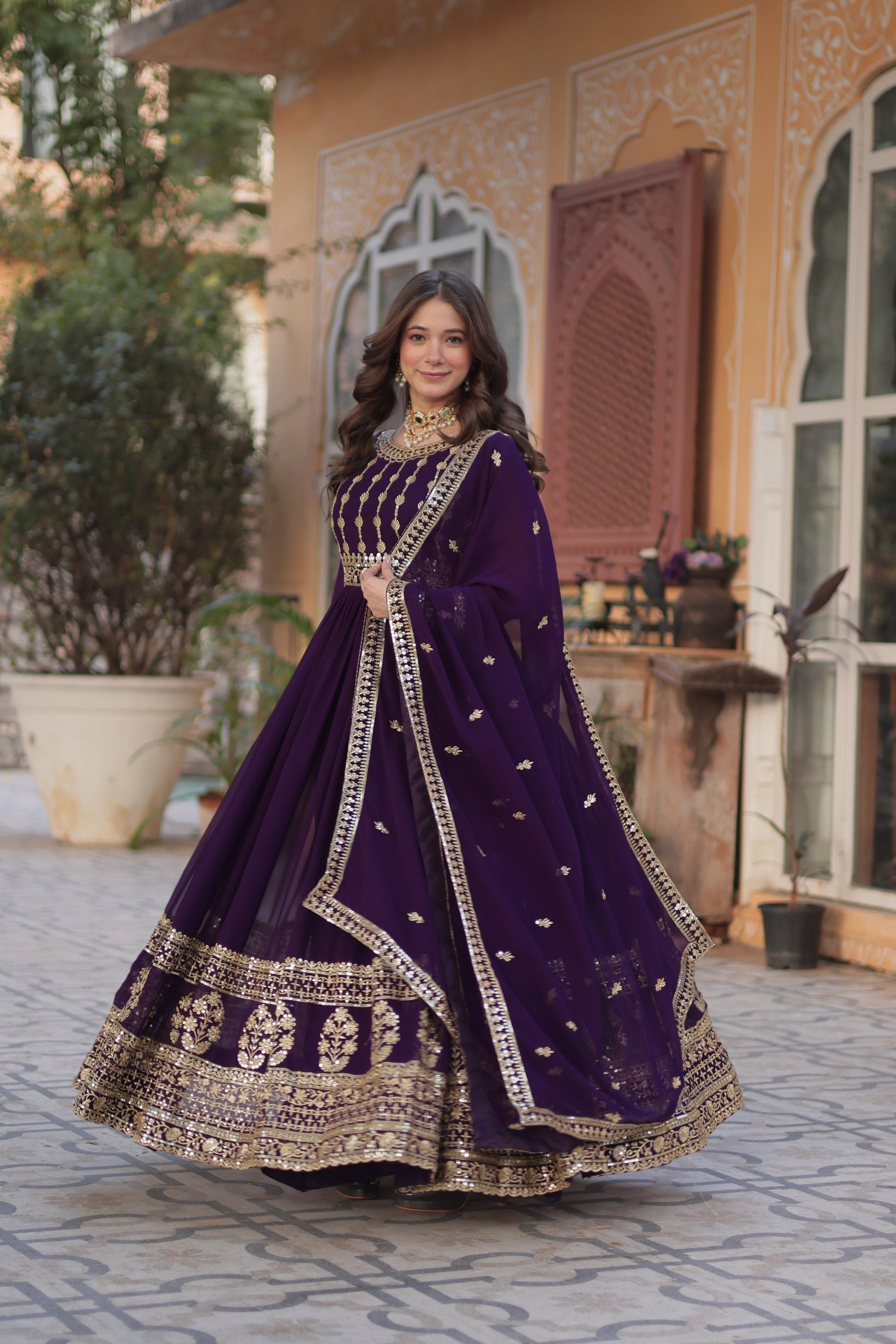 Jyoti Fashion Women's Purple Faux Blooming Sequins Zari Embroidered Anarkali Set with Dupatta | Swadesiicart