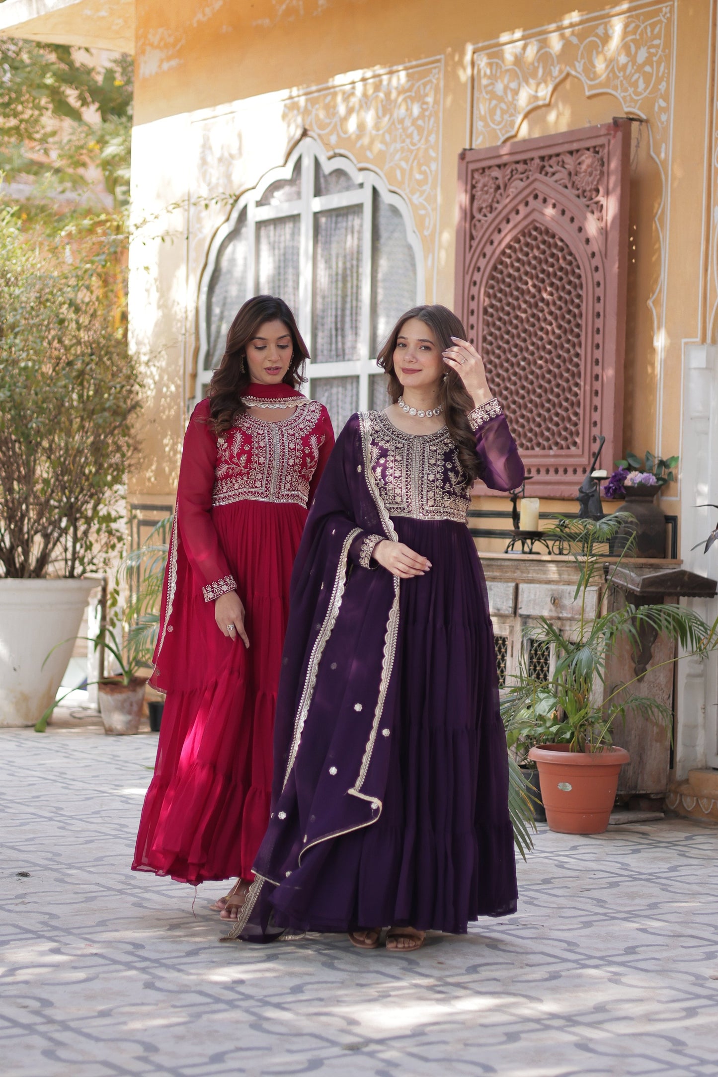 Jyoti Fashion Women's Pink & Wine Faux Georgette Embroidered Pearl Work Combo Anarkali Set with Dupatta | Swadesiicart