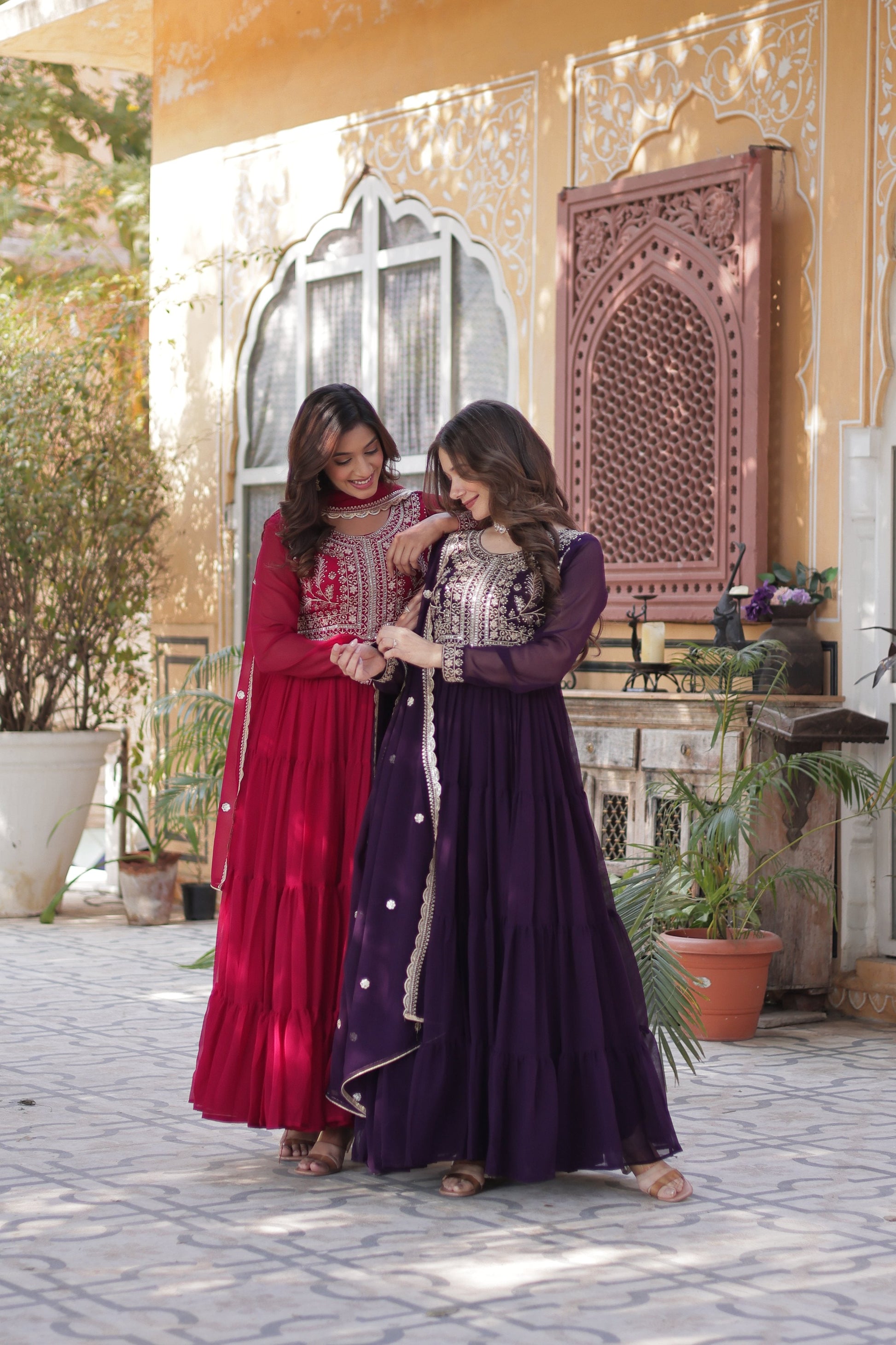 Jyoti Fashion Women's Pink & Wine Faux Georgette Embroidered Pearl Work Combo Anarkali Set with Dupatta | Swadesiicart