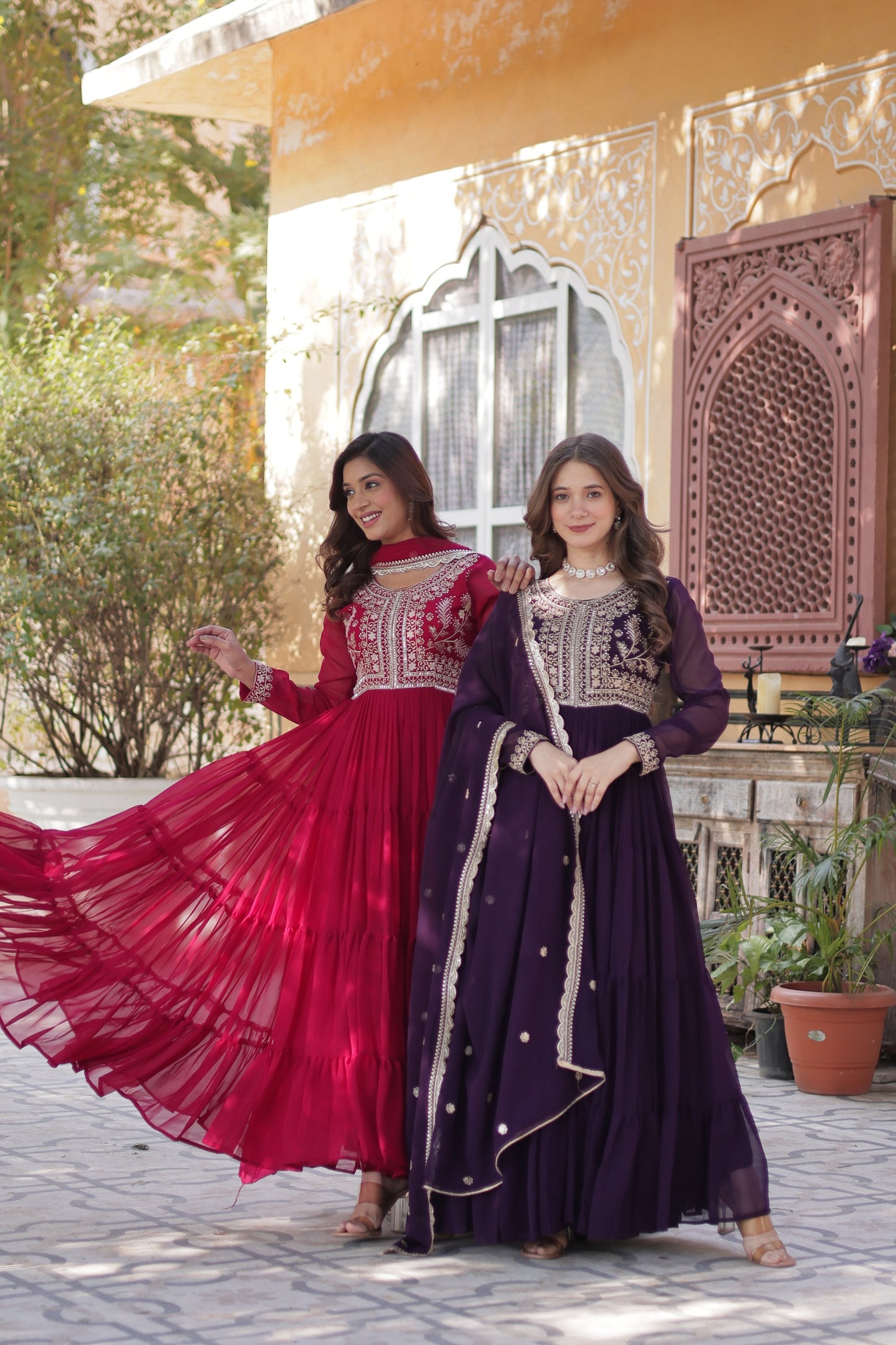 Jyoti Fashion Women's Pink & Wine Faux Georgette Embroidered Pearl Work Combo Anarkali Set with Dupatta | Swadesiicart