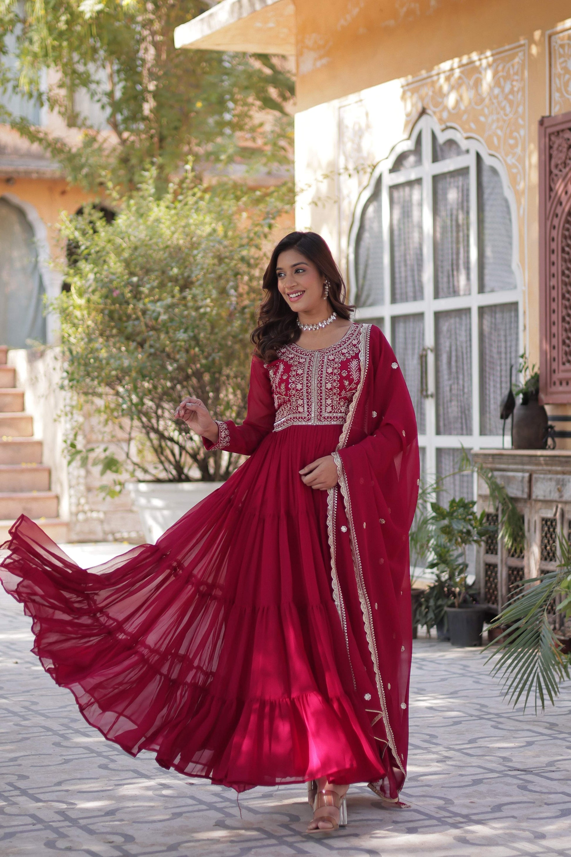 Jyoti Fashion Women's Pink Faux Georgette Embroidered Pearl Work Anarkali Set with Dupatta | Swadesiicart