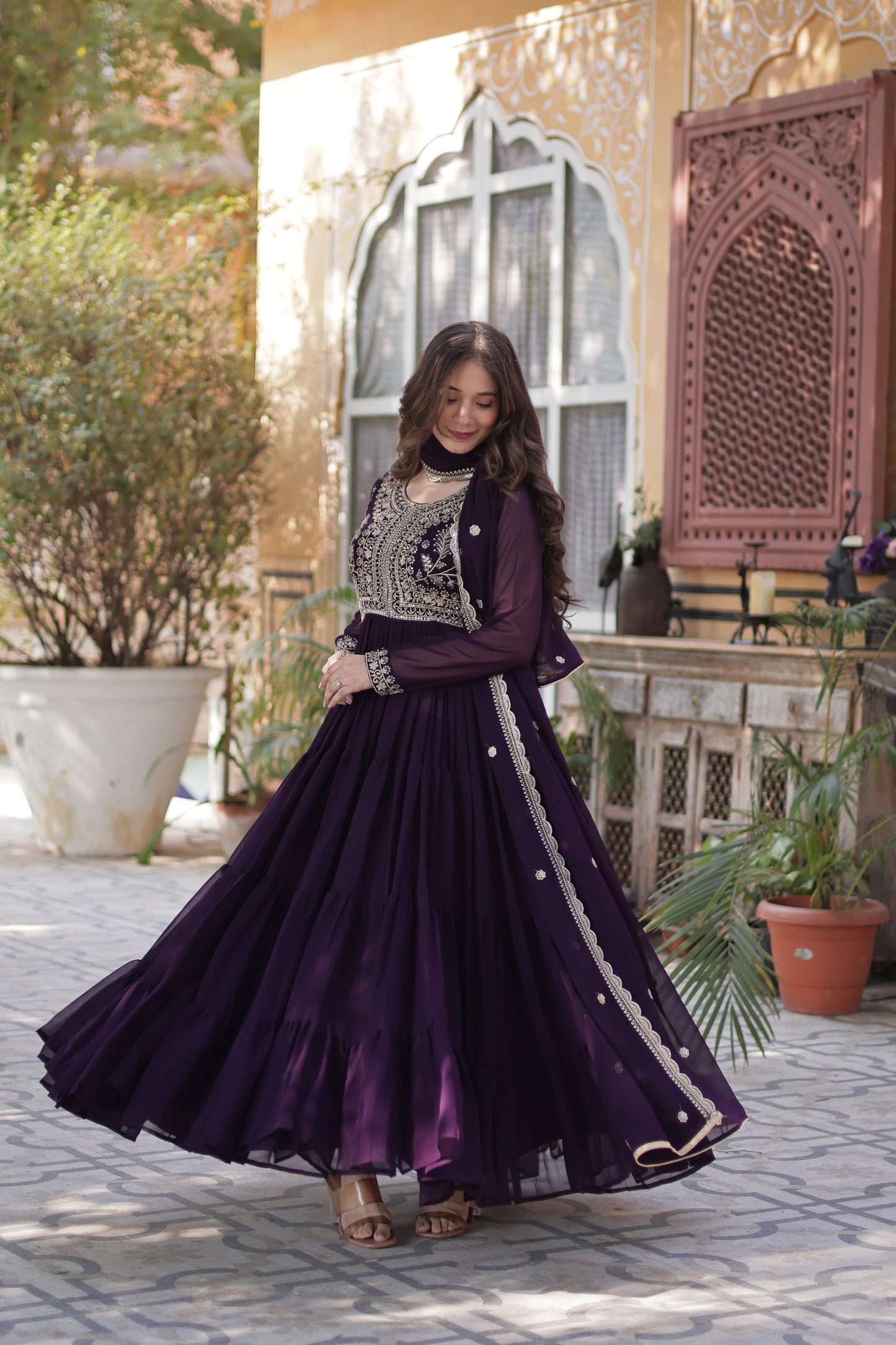 Jyoti Fashion Women's Wine Faux Georgette Embroidered Pearl Work Anarkali Set with Dupatta | Swadesiicart