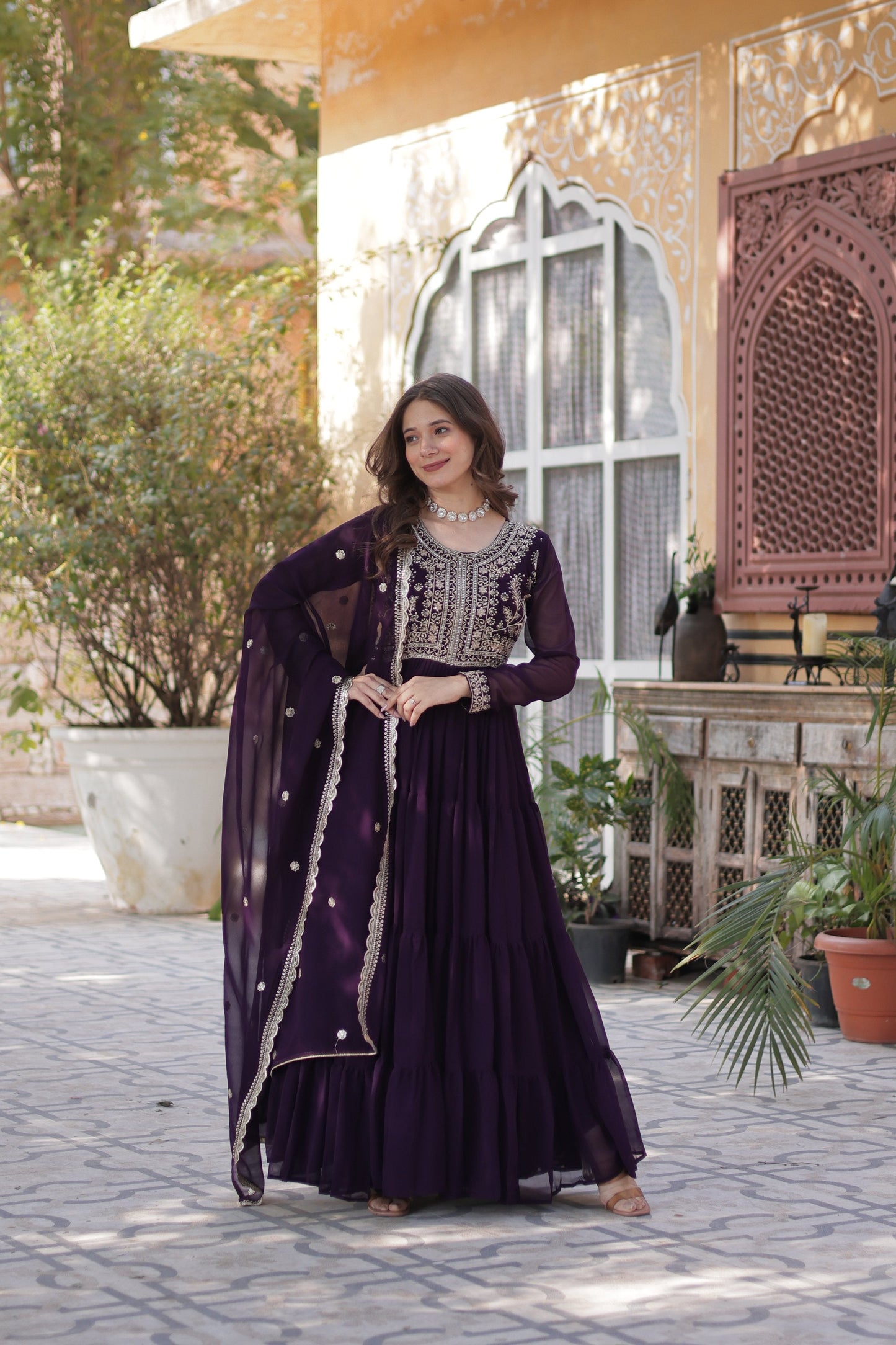 Jyoti Fashion Women's Wine Faux Georgette Embroidered Pearl Work Anarkali Set with Dupatta | Swadesiicart