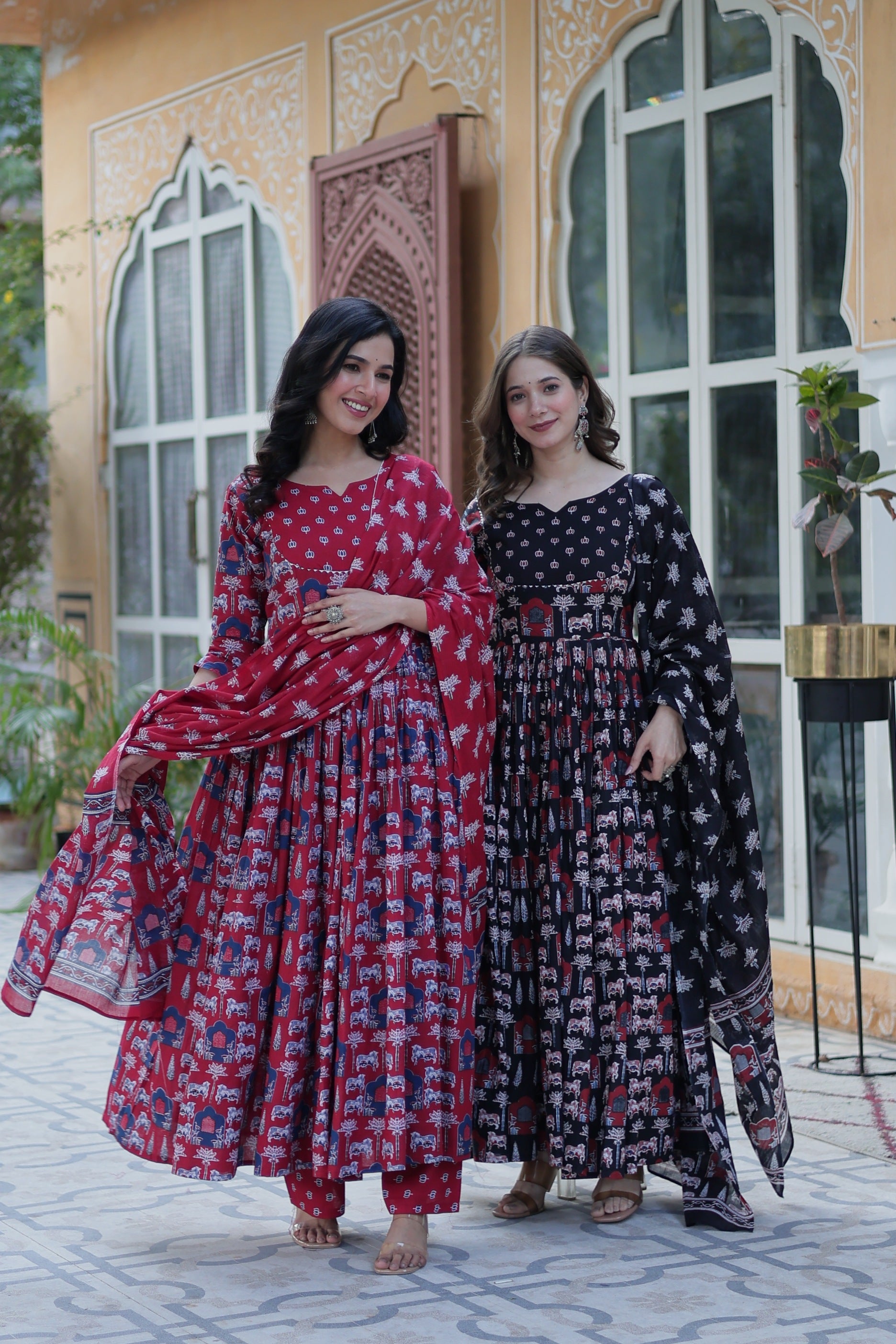 Jyoti Fashion Women's Maroon & Black Cotton Printed Designer Combo Anarkali Set with Dupatta | Swadesiicart