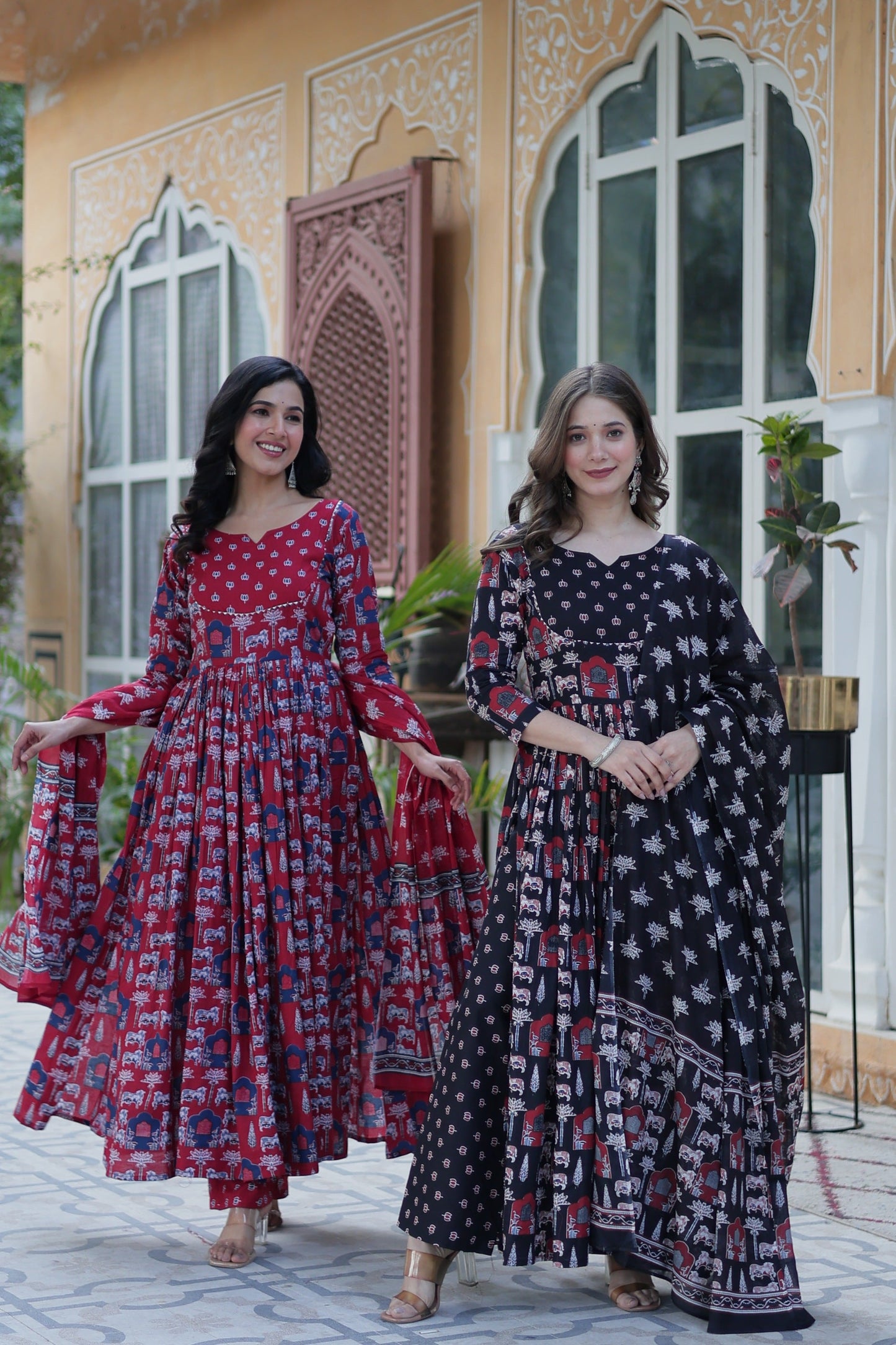 Jyoti Fashion Women's Maroon & Black Cotton Printed Designer Combo Anarkali Set with Dupatta | Swadesiicart