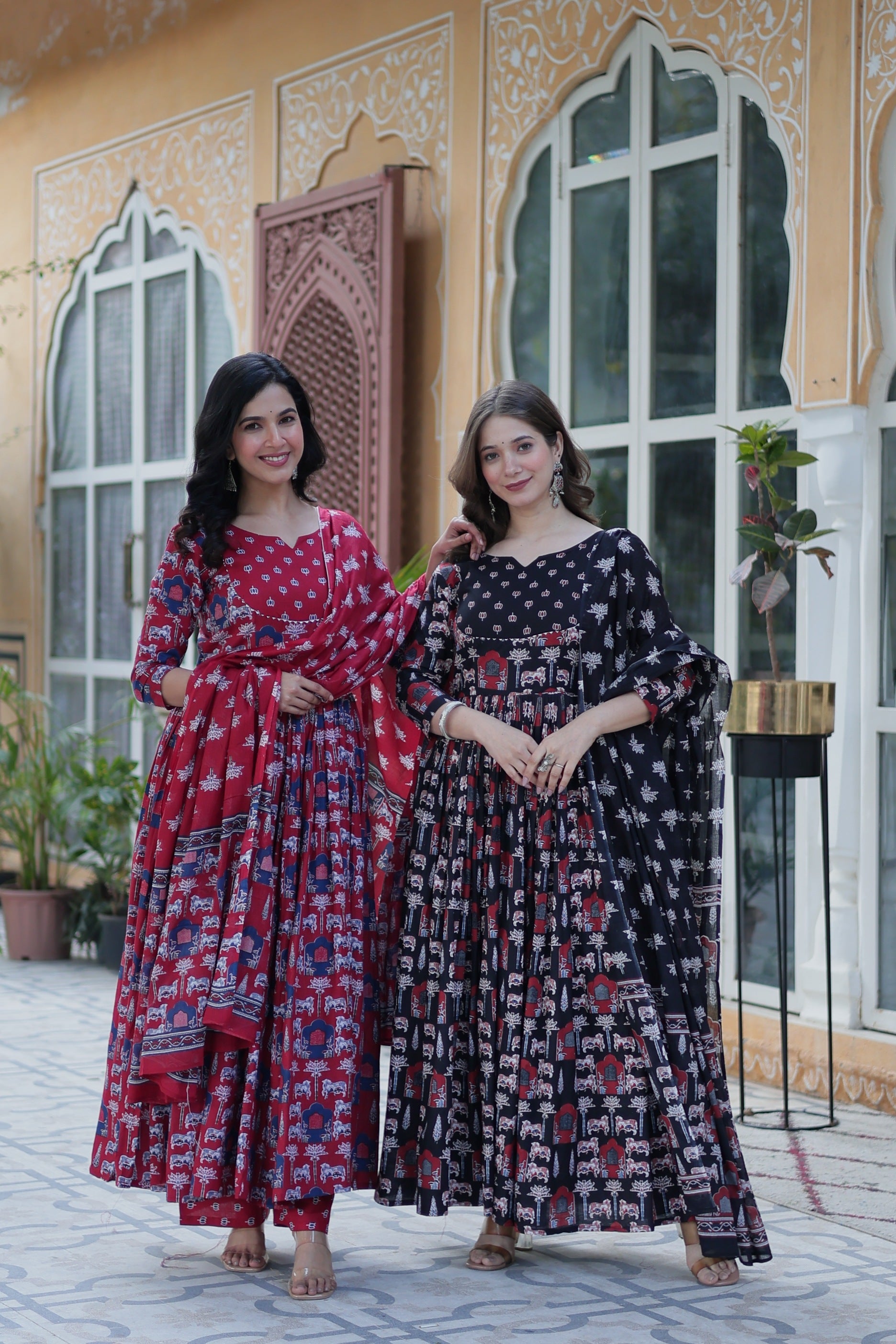 Jyoti Fashion Women's Maroon & Black Cotton Printed Designer Combo Anarkali Set with Dupatta | Swadesiicart