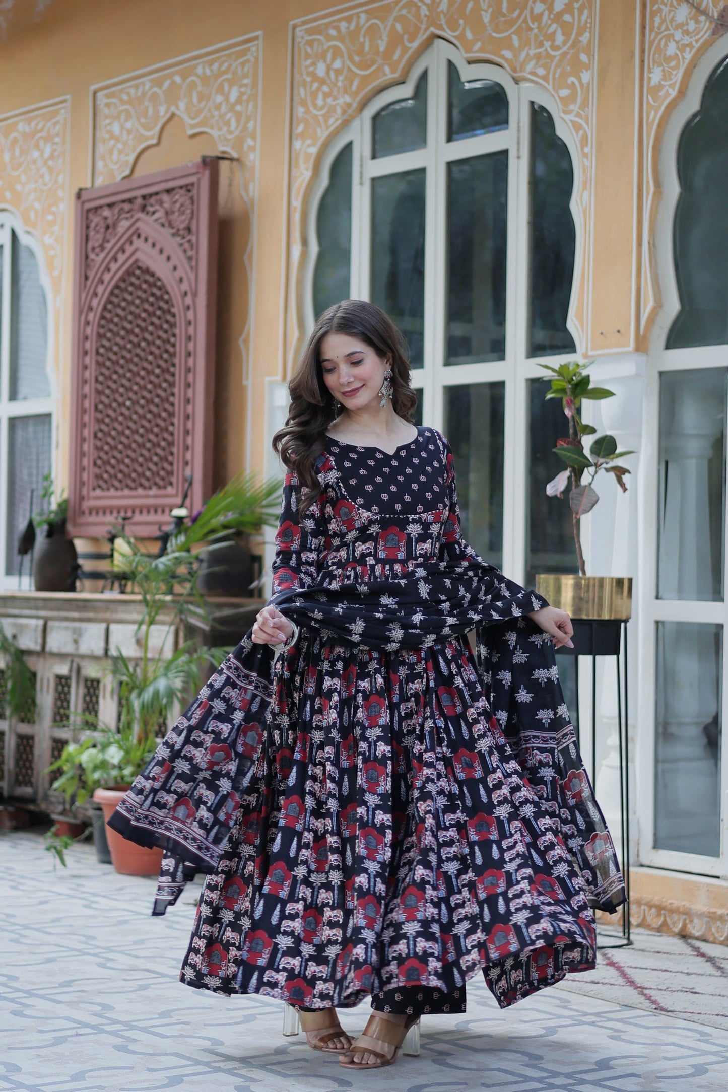 Jyoti Fashion Women's Black Cotton Printed Designer Anarkali Set with Dupatta | Swadesiicart