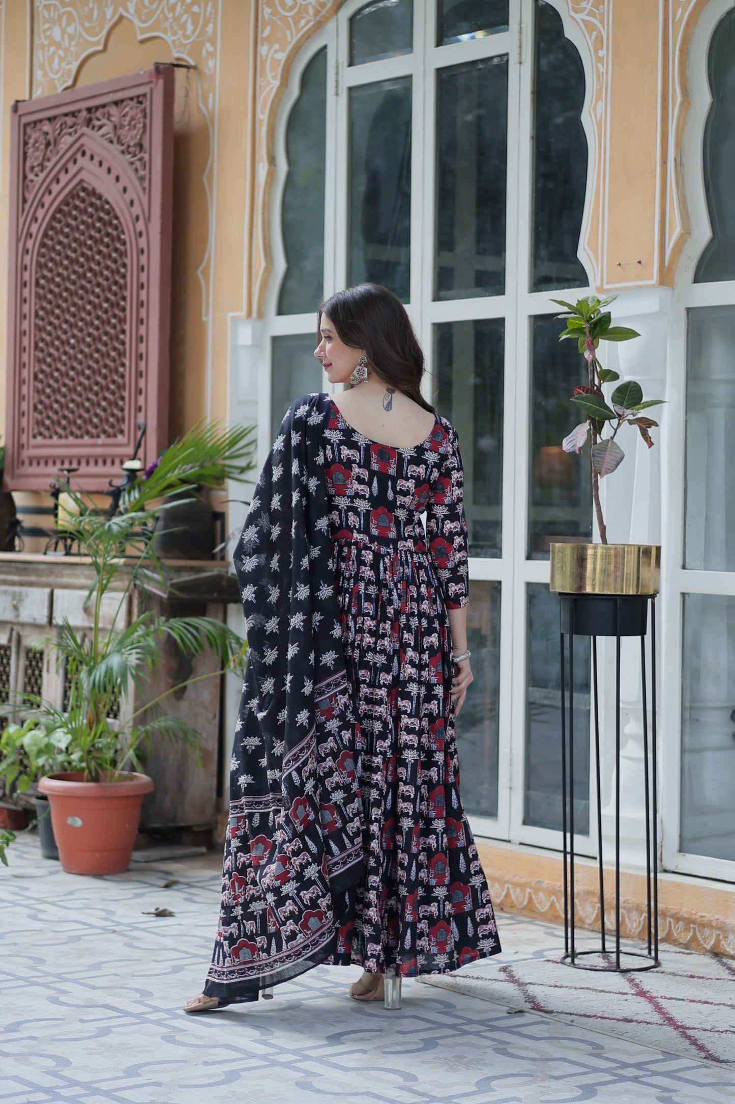 Jyoti Fashion Women's Black Cotton Printed Designer Anarkali Set with Dupatta | Swadesiicart