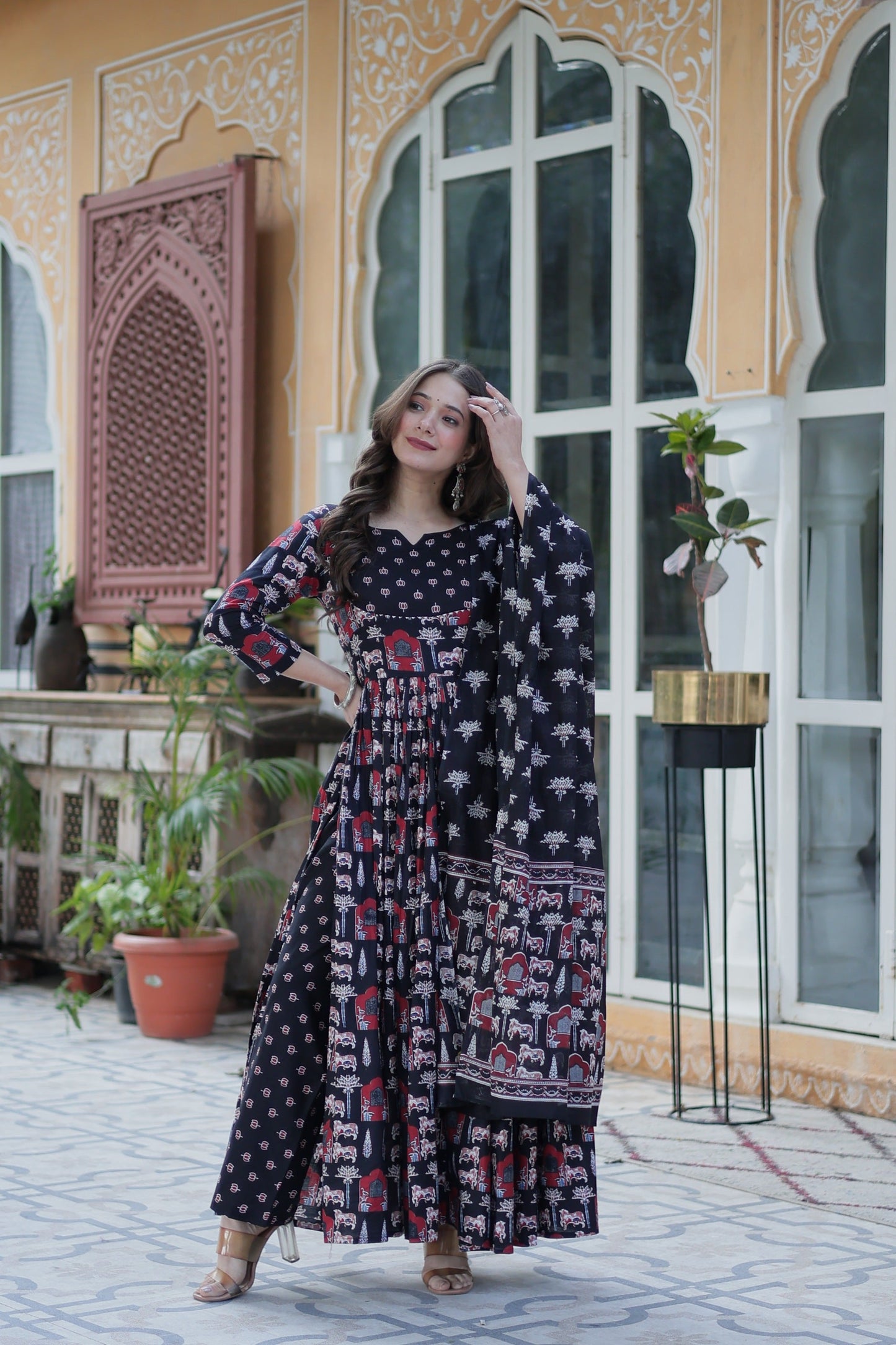 Jyoti Fashion Women's Black Cotton Printed Designer Anarkali Set with Dupatta | Swadesiicart