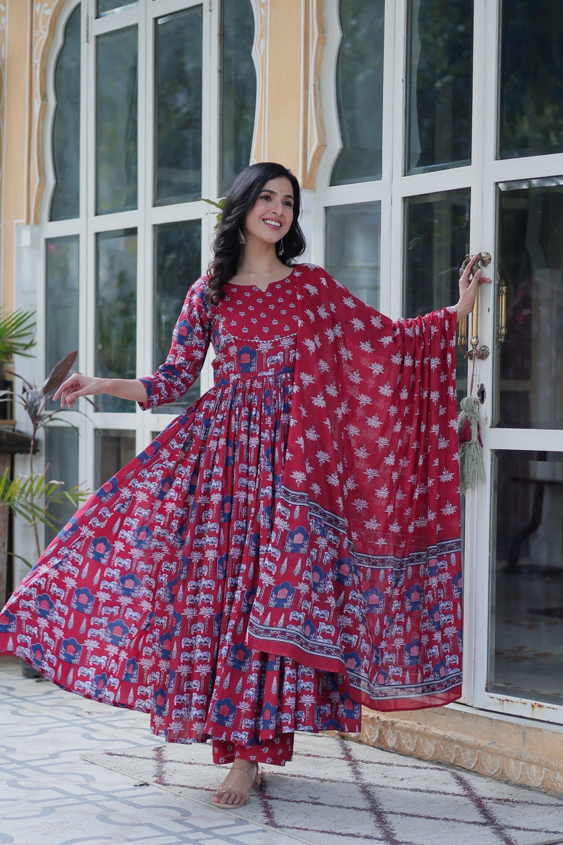 Jyoti Fashion Women's Maroon Cotton Printed Designer Anarkali Set with Dupatta | Swadesiicart