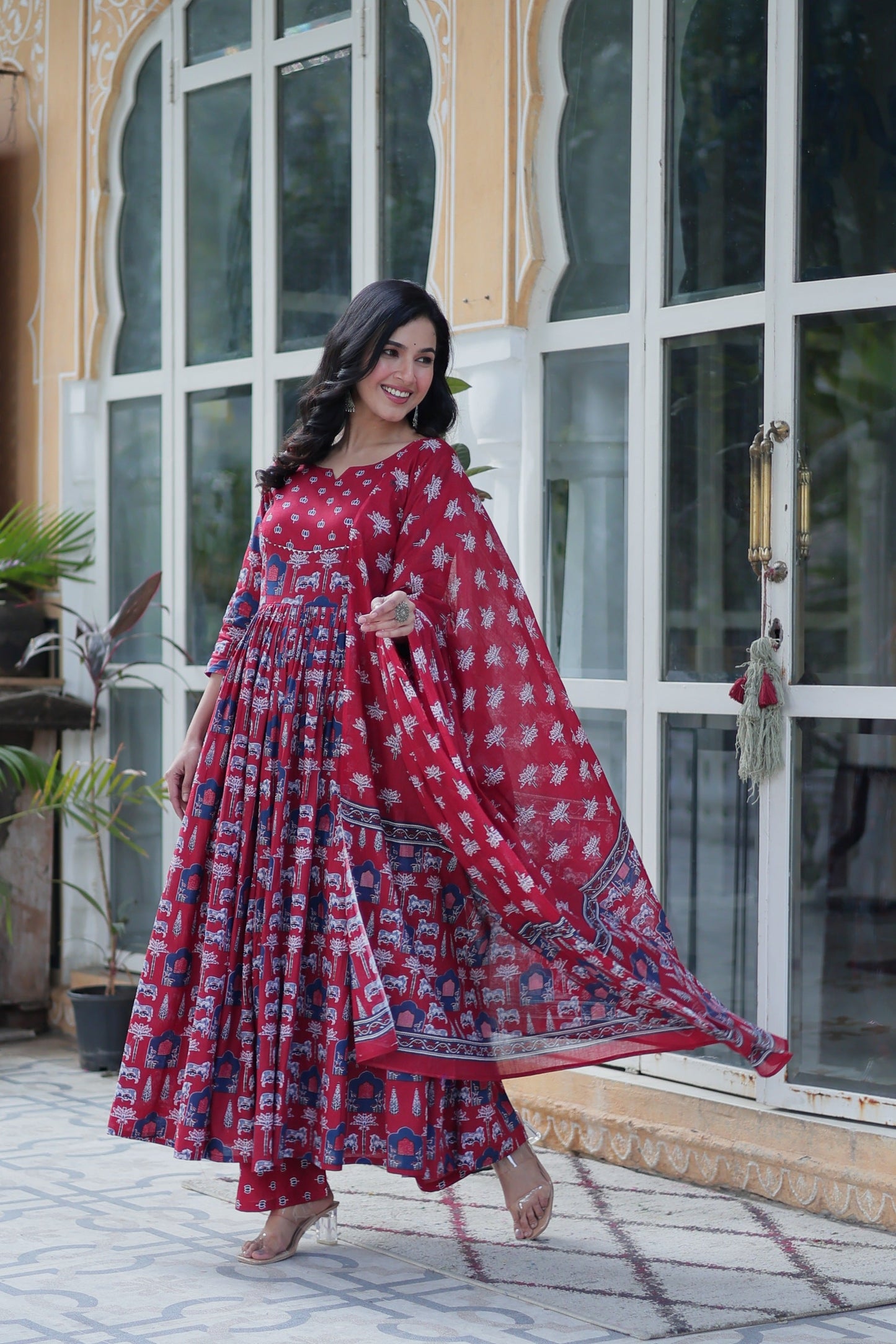 Jyoti Fashion Women's Maroon Cotton Printed Designer Anarkali Set with Dupatta | Swadesiicart