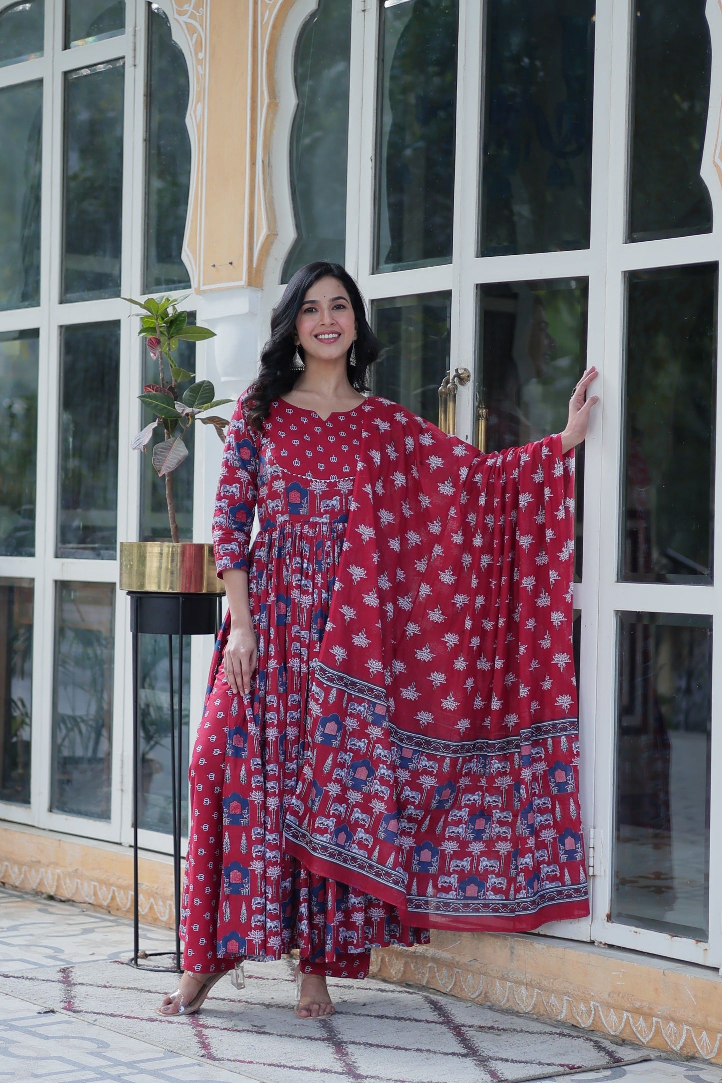 Jyoti Fashion Women's Maroon Cotton Printed Designer Anarkali Set with Dupatta | Swadesiicart