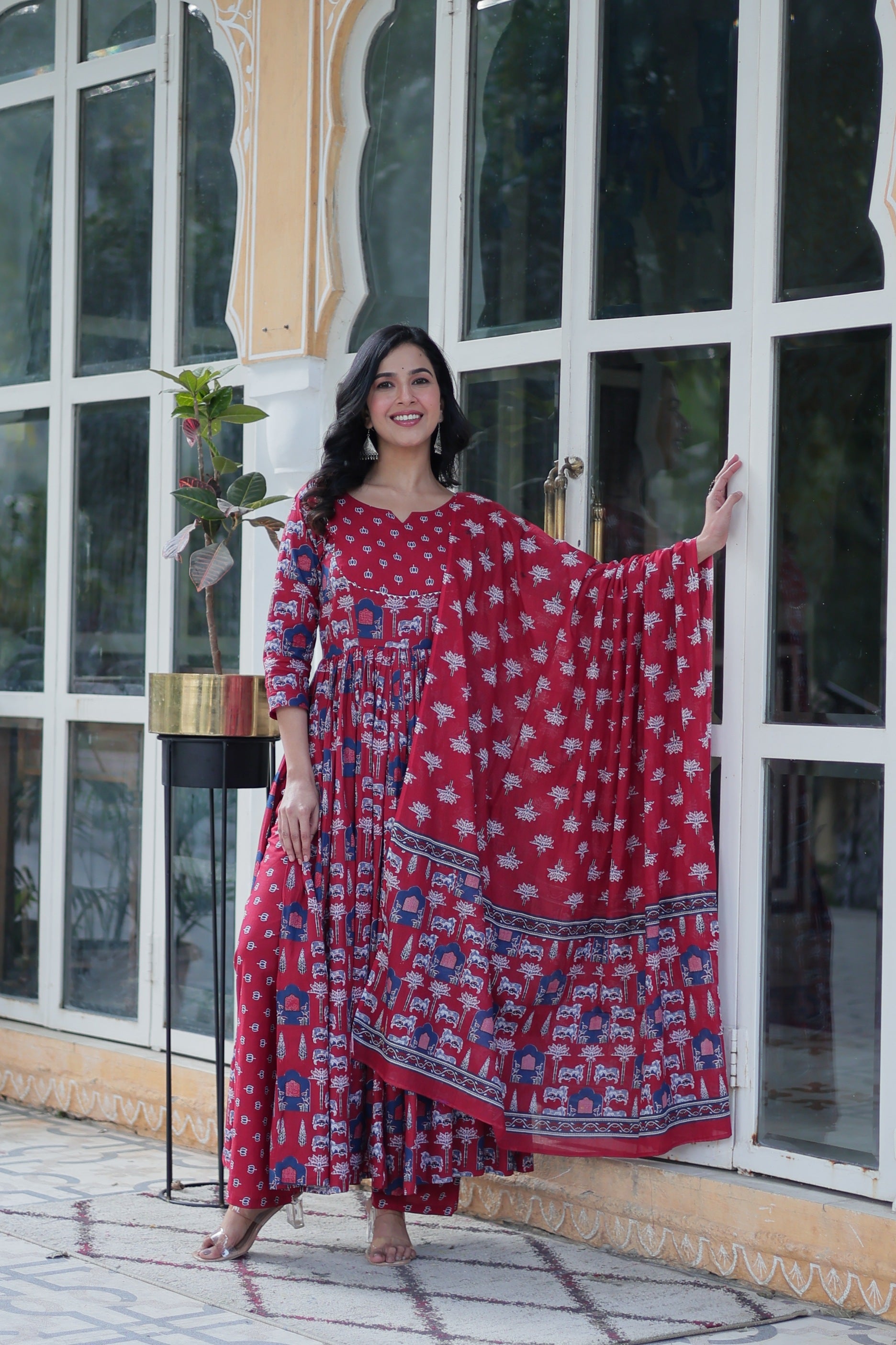 Jyoti Fashion Women's Maroon Cotton Printed Designer Anarkali Set with Dupatta | Swadesiicart