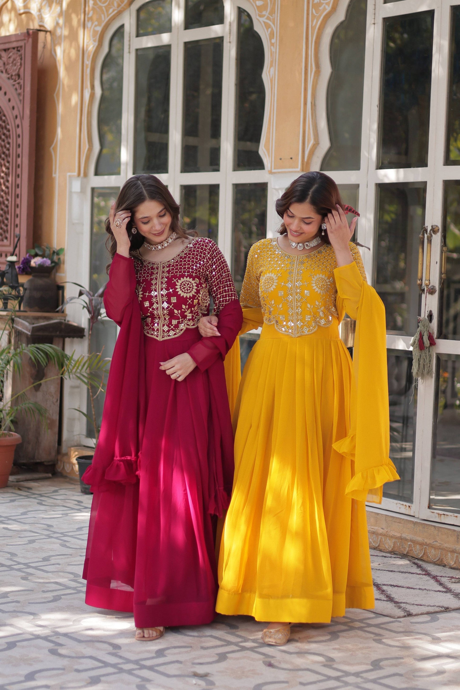 Jyoti Fashion Women's Pink & Yellow Faux Georgette Embroidered Designer Combo Anarkali Set with Dupatta | Swadesiicart