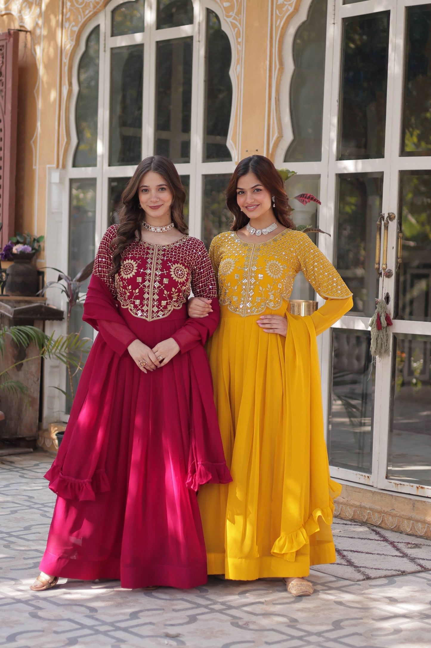 Jyoti Fashion Women's Pink & Yellow Faux Georgette Embroidered Designer Combo Anarkali Set with Dupatta | Swadesiicart