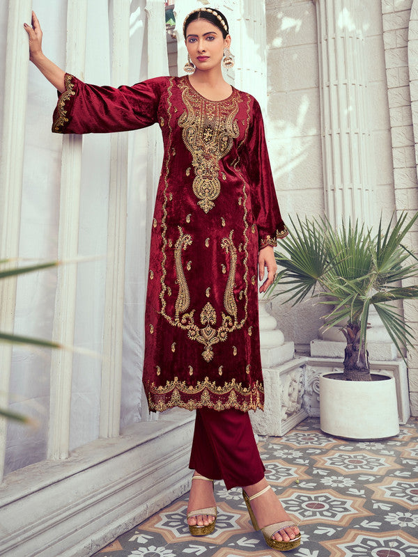 Jyoti Fashion Women's Maroon Velvet Cording with Digital Printed Kurta with Trouser & Dupatta | Swadesiicart