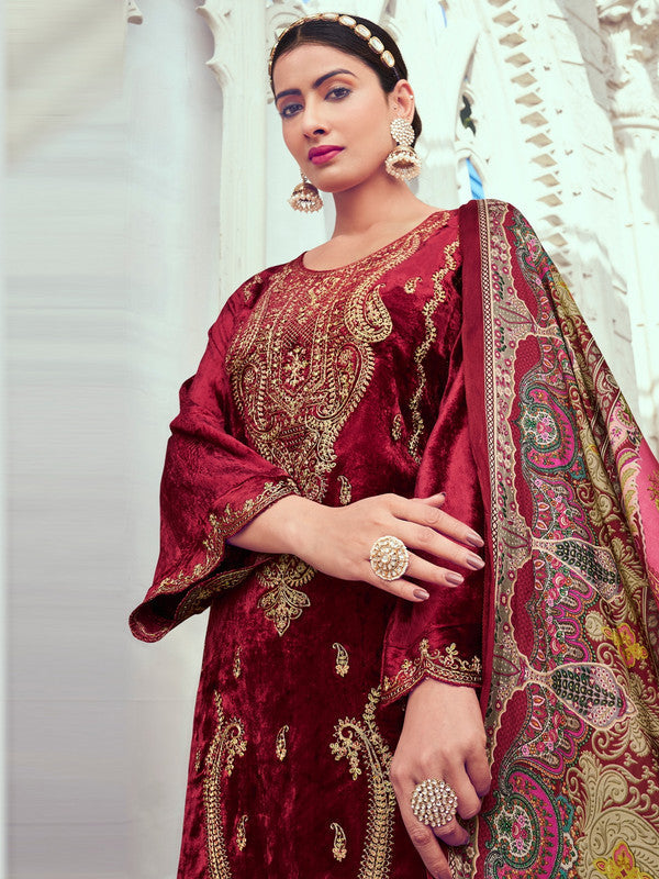 Jyoti Fashion Women's Maroon Velvet Cording with Digital Printed Kurta with Trouser & Dupatta | Swadesiicart