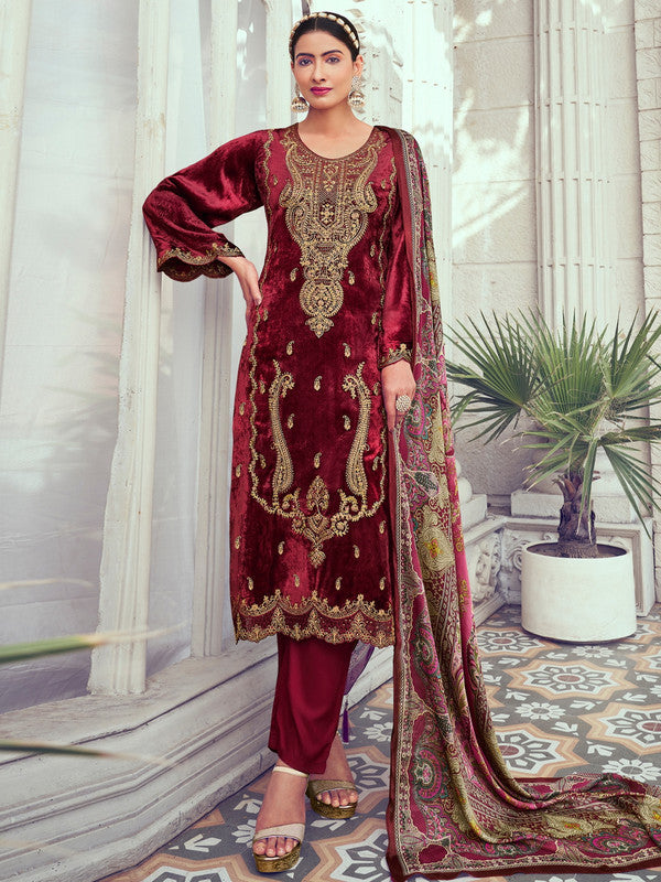 Jyoti Fashion Women's Maroon Velvet Cording with Digital Printed Kurta with Trouser & Dupatta | Swadesiicart
