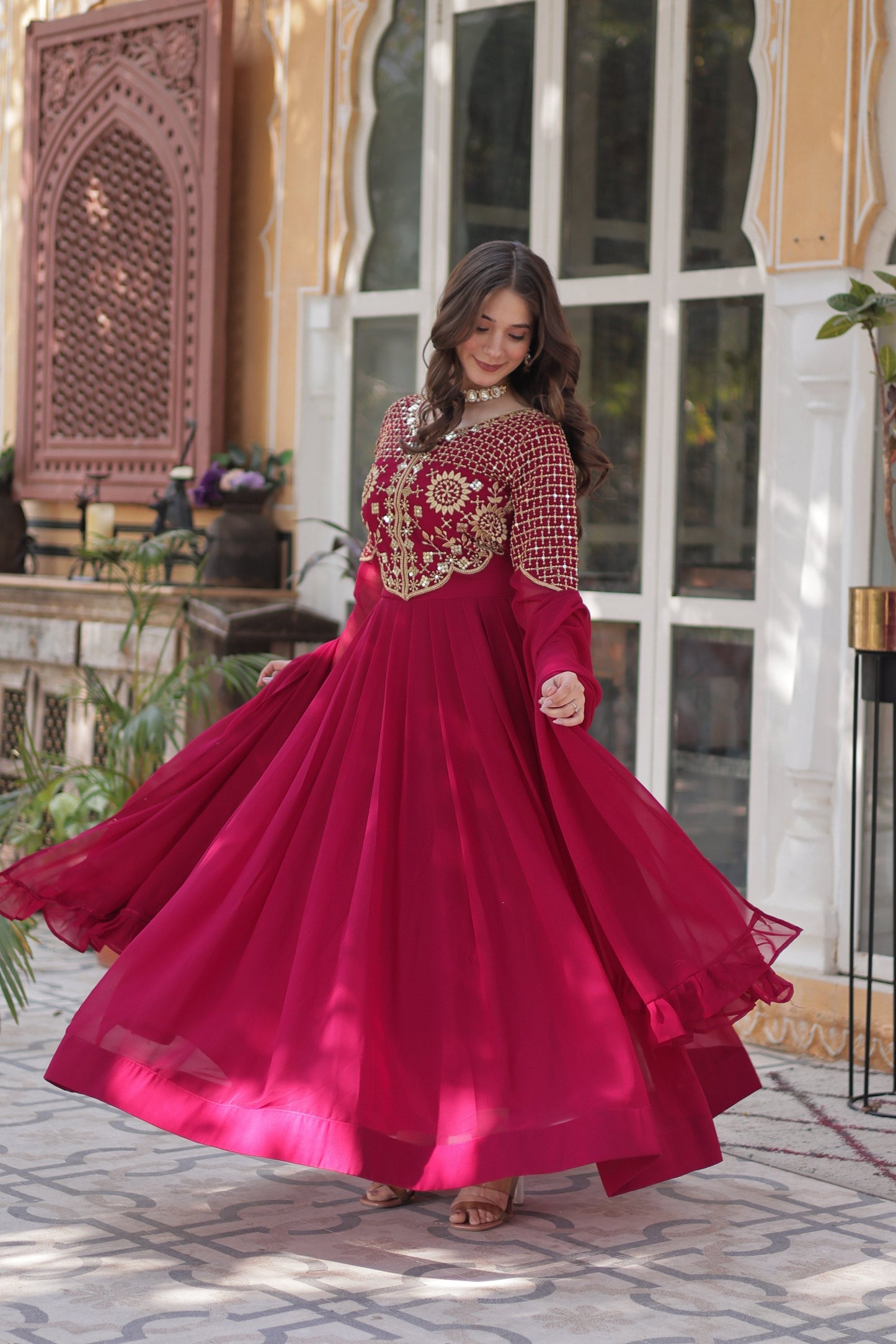Jyoti Fashion Women's Pink Faux Georgette Embroidered Designer Anarkali Set with Dupatta | Swadesiicart
