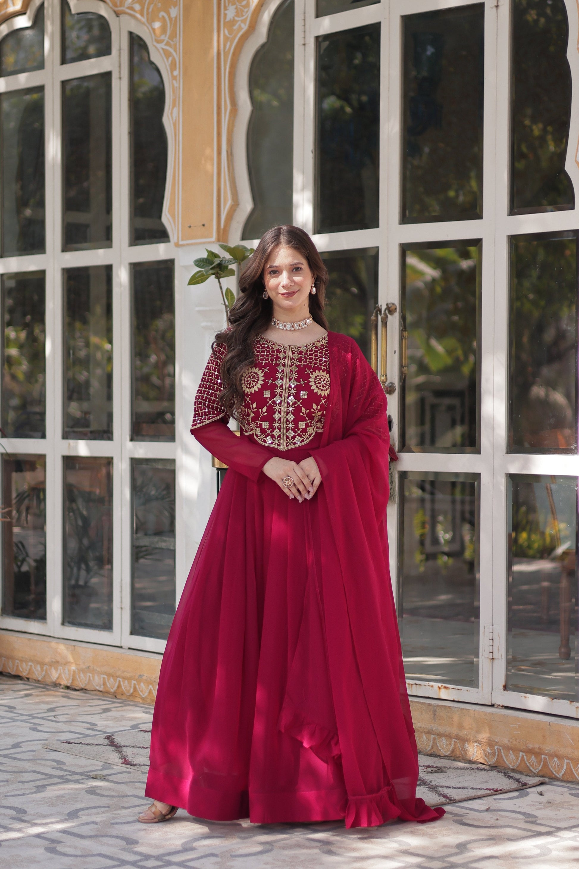 Jyoti Fashion Women's Pink Faux Georgette Embroidered Designer Anarkali Set with Dupatta | Swadesiicart