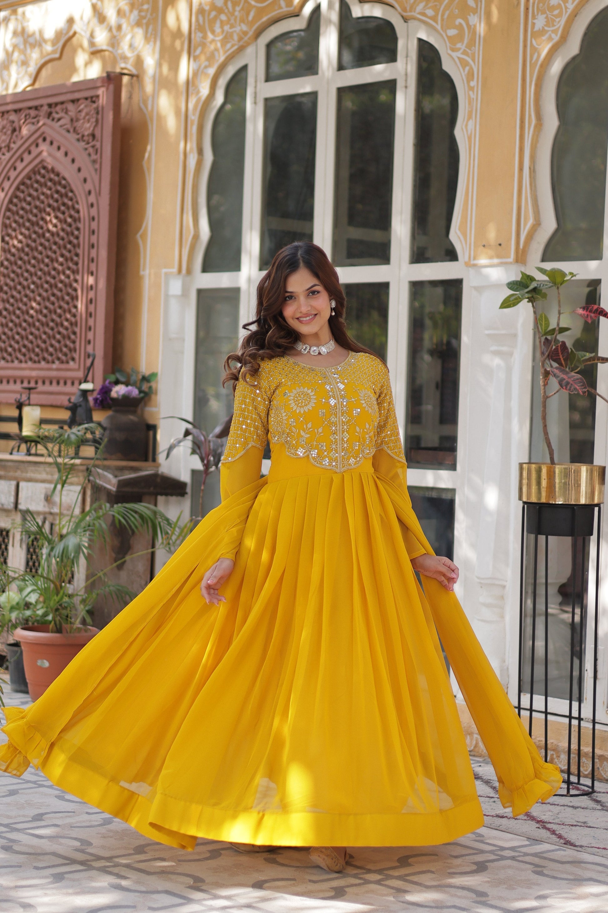 Jyoti Fashion Women's Yellow Faux Georgette Embroidered Designer Anarkali Set with Dupatta | Swadesiicart