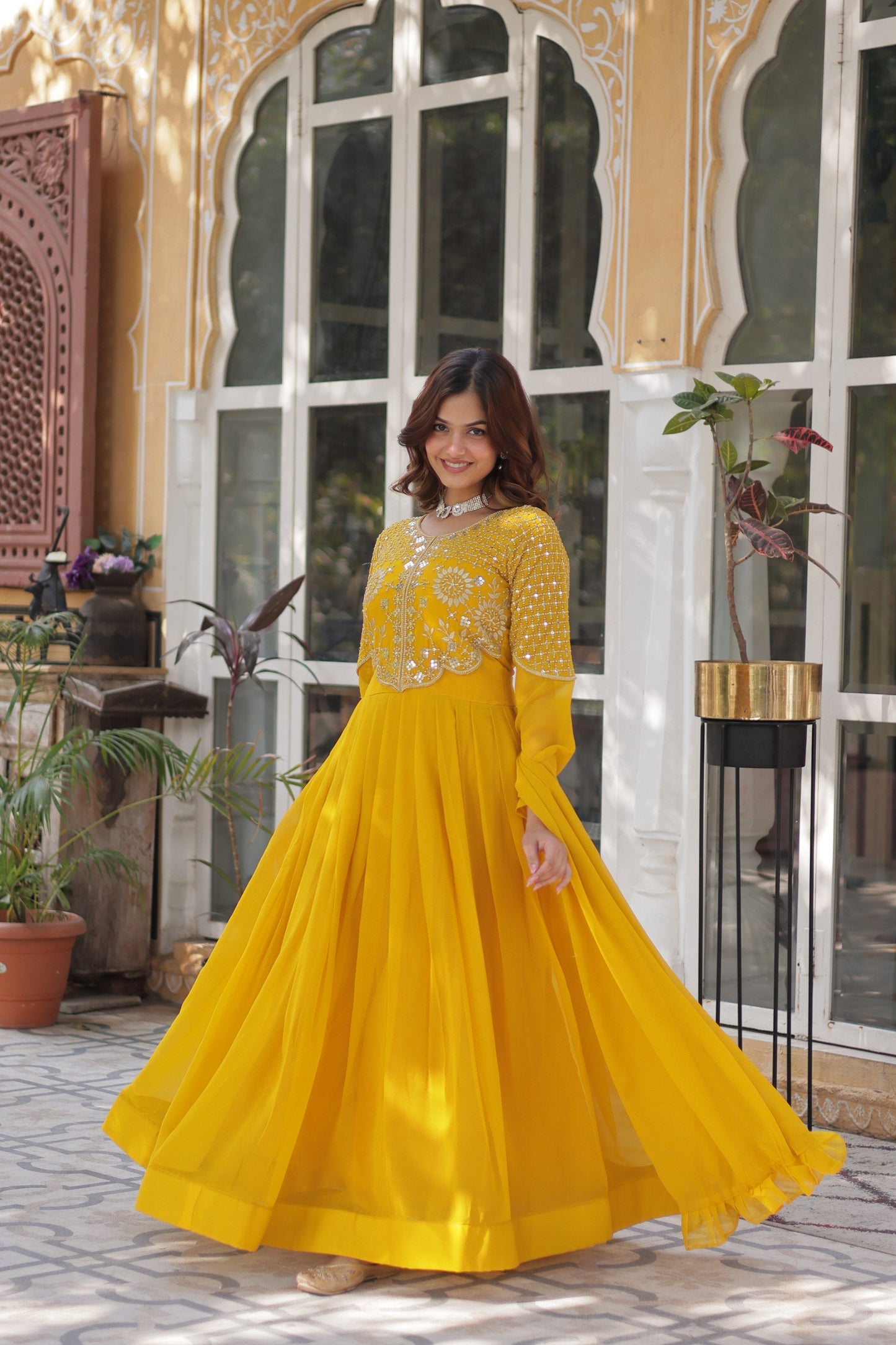 Jyoti Fashion Women's Yellow Faux Georgette Embroidered Designer Anarkali Set with Dupatta | Swadesiicart