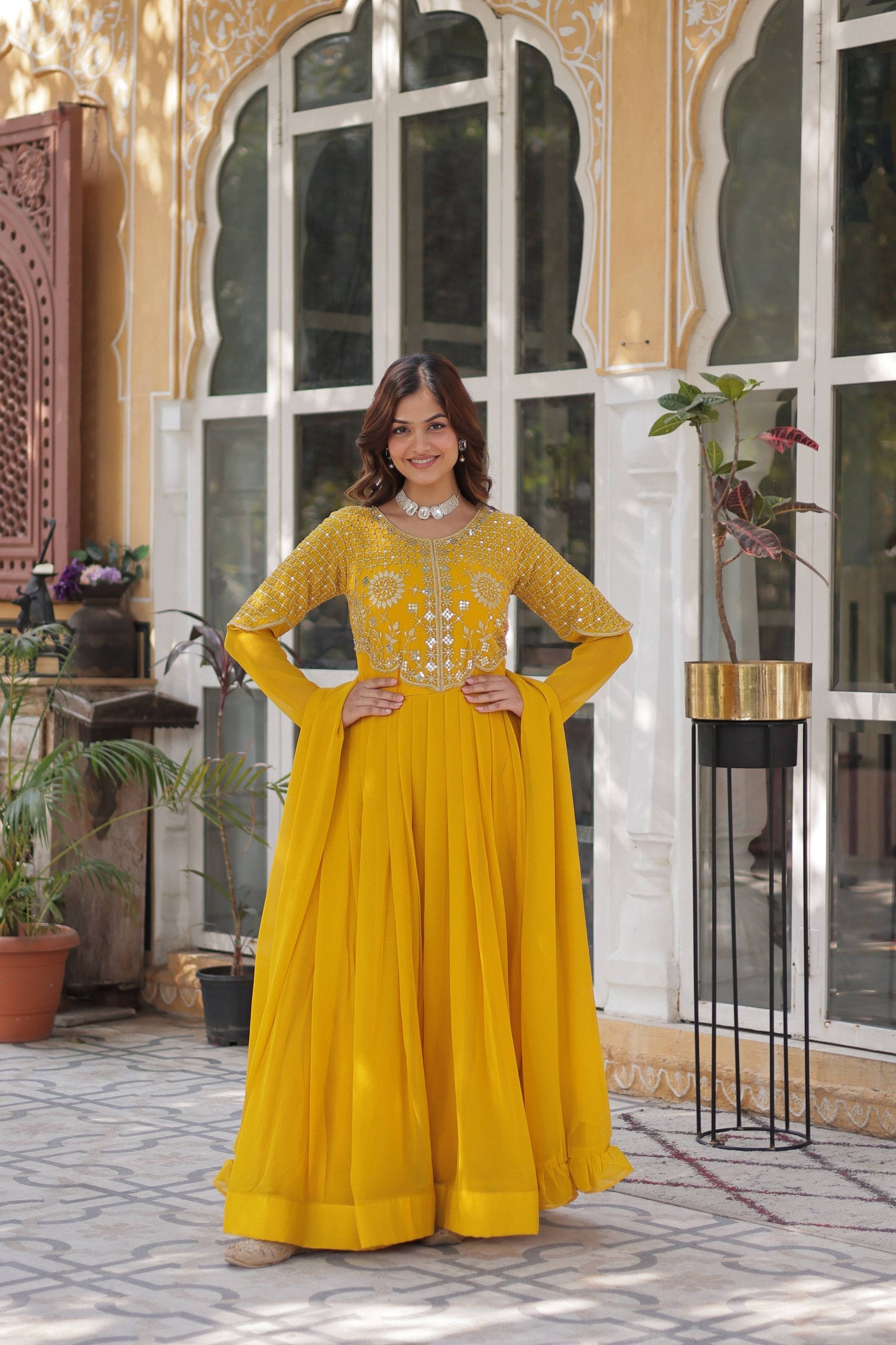Jyoti Fashion Women's Yellow Faux Georgette Embroidered Designer Anarkali Set with Dupatta | Swadesiicart