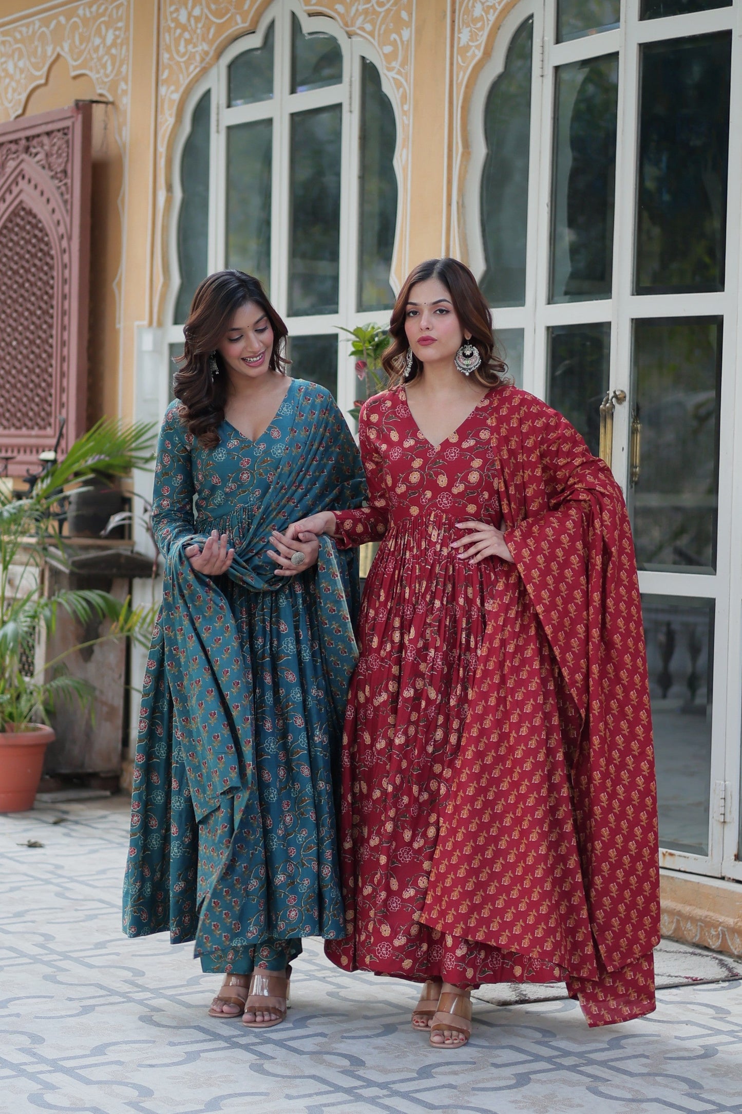 Jyoti Fashion Women's Rama & Maroon Cotton Printed Designer Combo Anarkali Set with Dupatta | Swadesiicart