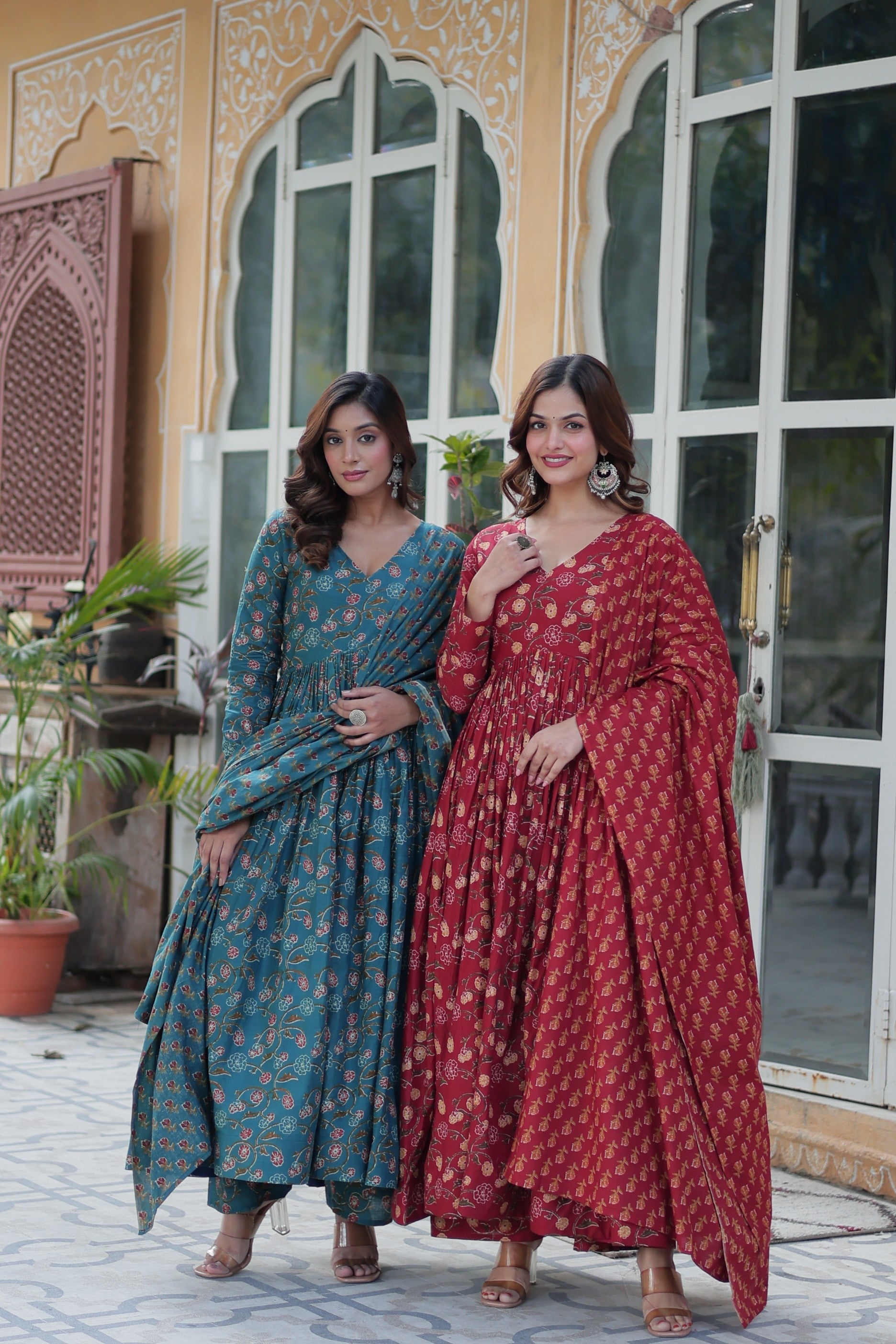 Jyoti Fashion Women's Rama & Maroon Cotton Printed Designer Combo Anarkali Set with Dupatta | Swadesiicart