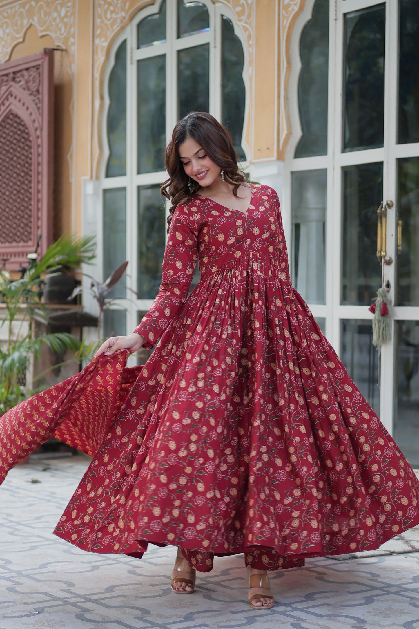 Jyoti Fashion Women's Maroon Cotton Printed Designer Anarkali Set with Dupatta | Swadesiicart