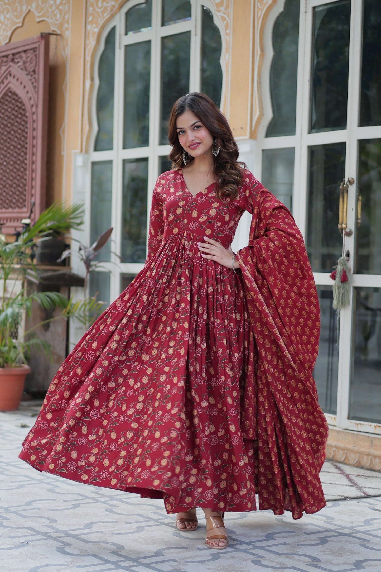 Jyoti Fashion Women's Maroon Cotton Printed Designer Anarkali Set with Dupatta | Swadesiicart