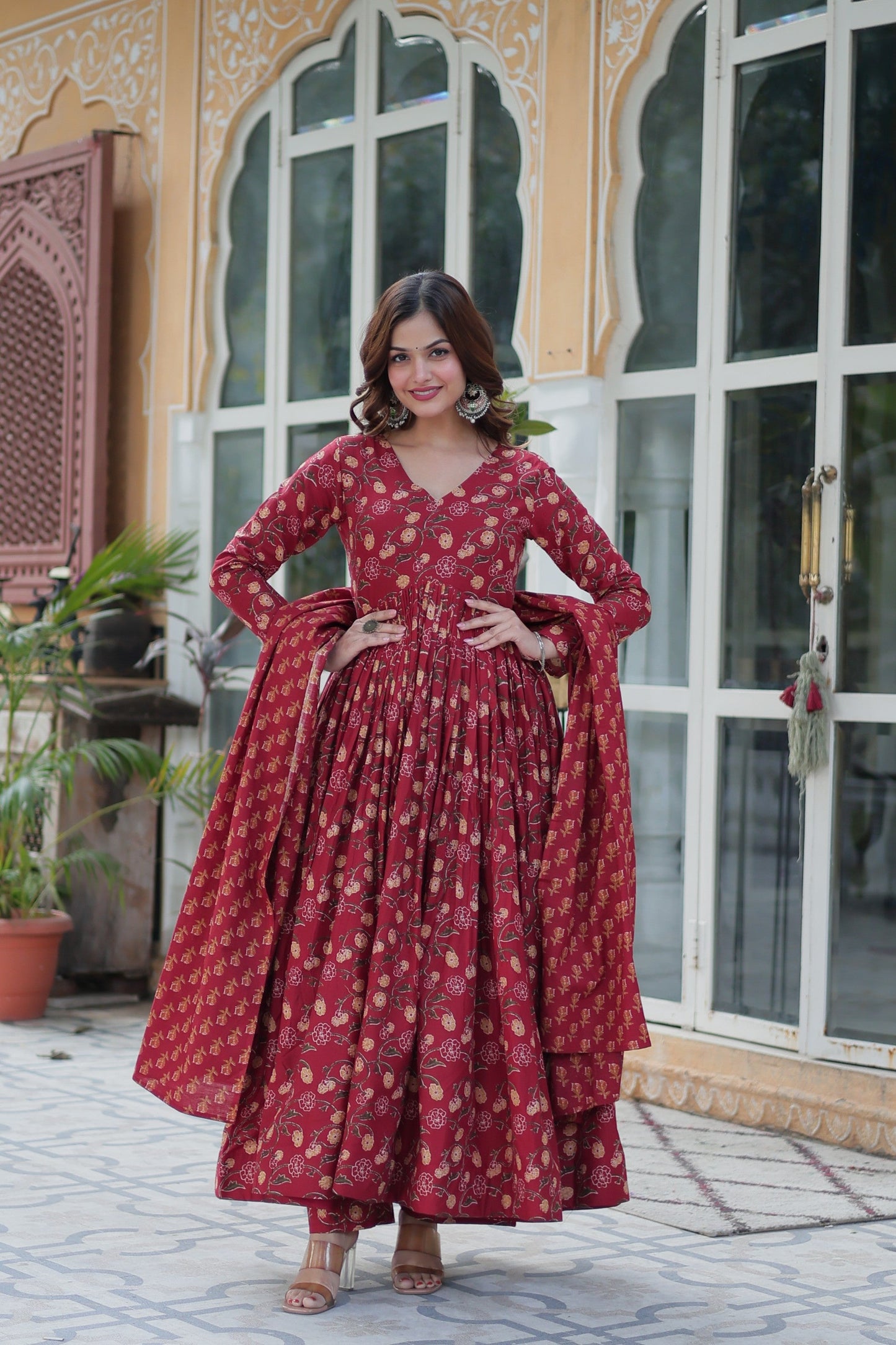 Jyoti Fashion Women's Maroon Cotton Printed Designer Anarkali Set with Dupatta | Swadesiicart